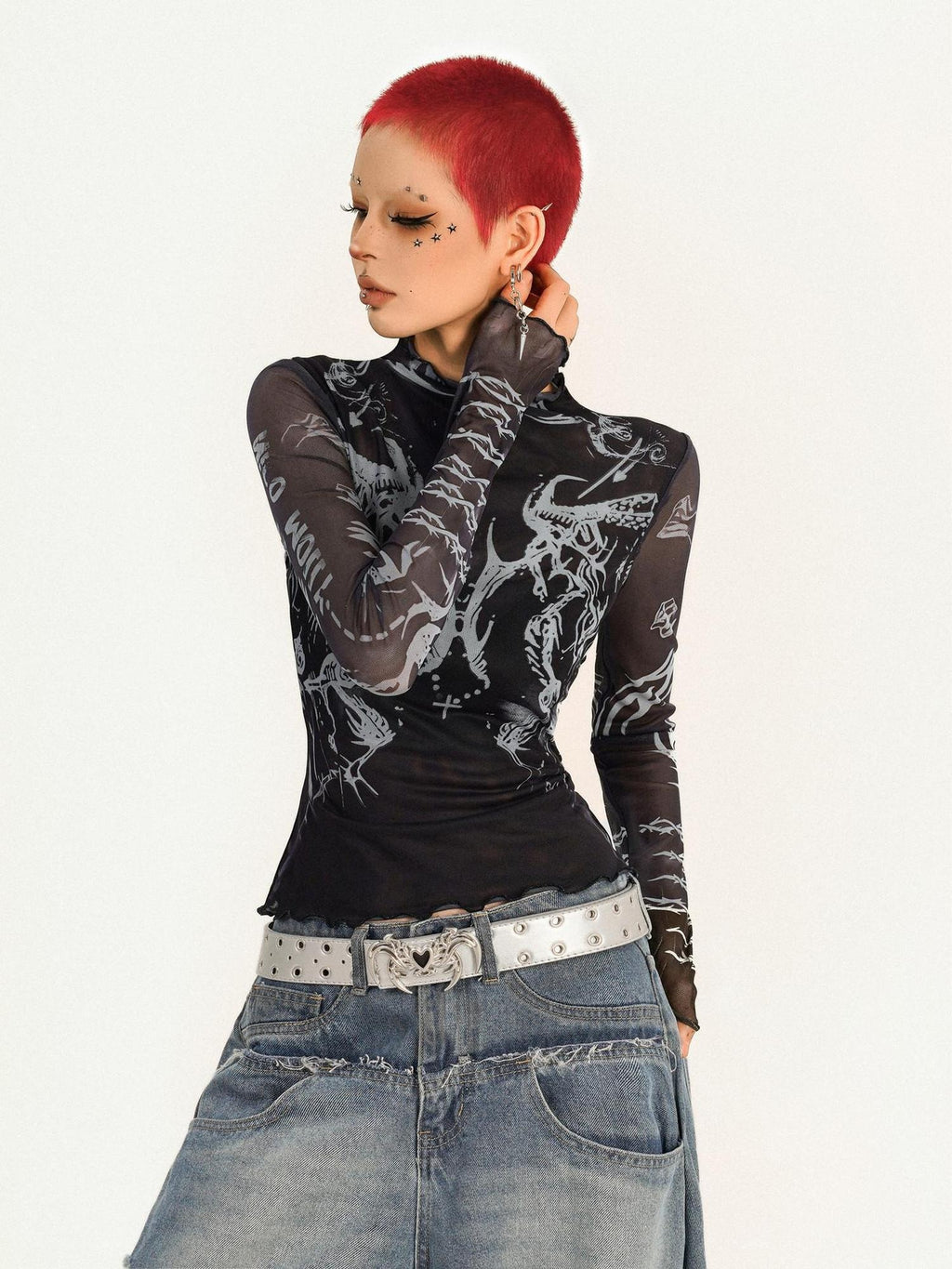 Nico Molly Sheer Mesh Creative Print Slim Casual Turtleneck Black Long Sleeve T-Shirts