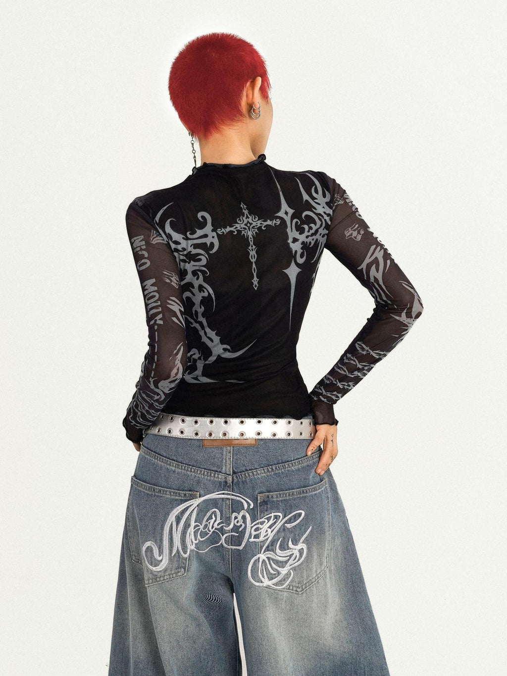 Nico Molly Sheer Mesh Creative Print Slim Casual Turtleneck Black Long Sleeve T-Shirts