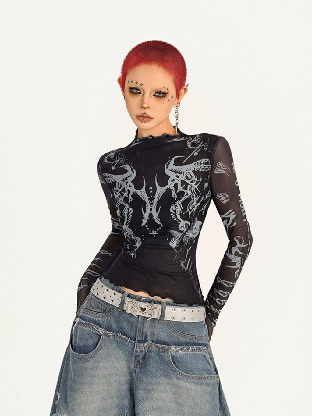 Nico Molly Sheer Mesh Creative Print Slim Casual Turtleneck Black Long Sleeve T-Shirts