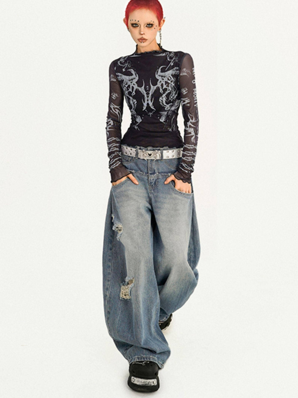 Nico Molly Sheer Mesh Creative Print Slim Casual Turtleneck Black Long Sleeve T-Shirts