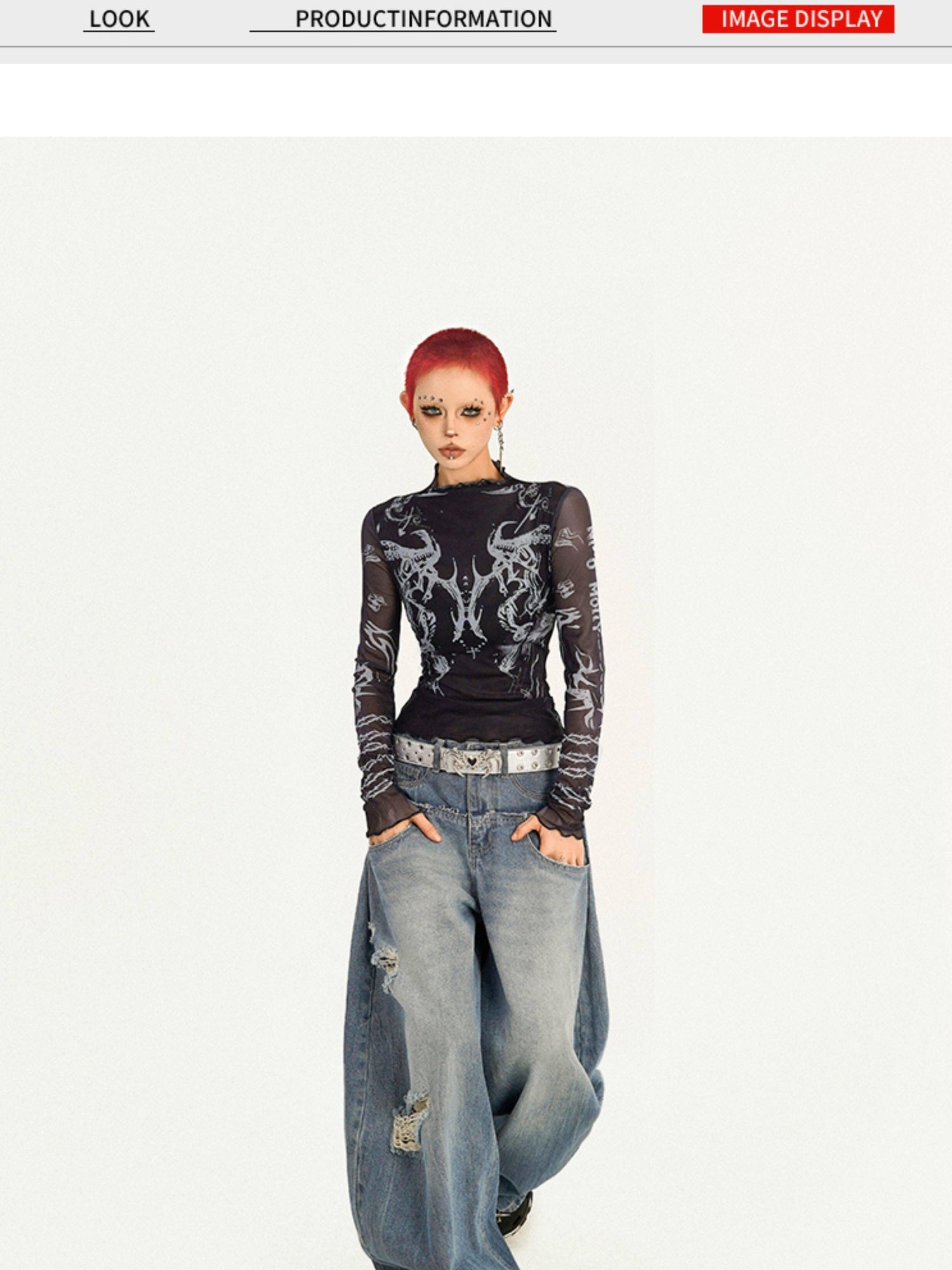 Nico Molly Sheer Mesh Creative Print Slim Casual Turtleneck Black Long Sleeve T-Shirts
