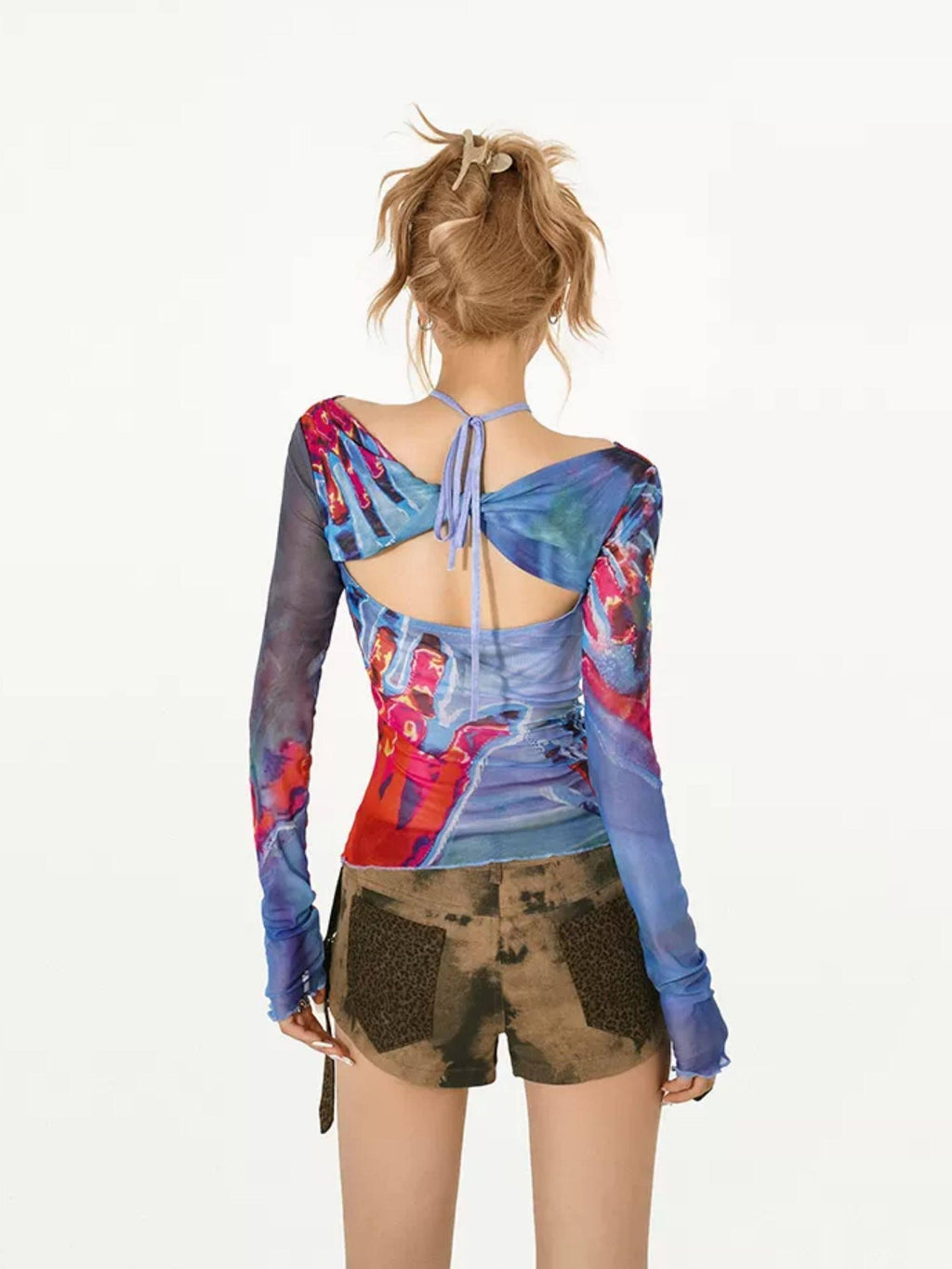 Nico Molly Sheer Mesh Printed Slim Fit Street Hippie Boat Neck Women Long Sleeve T-Shirts