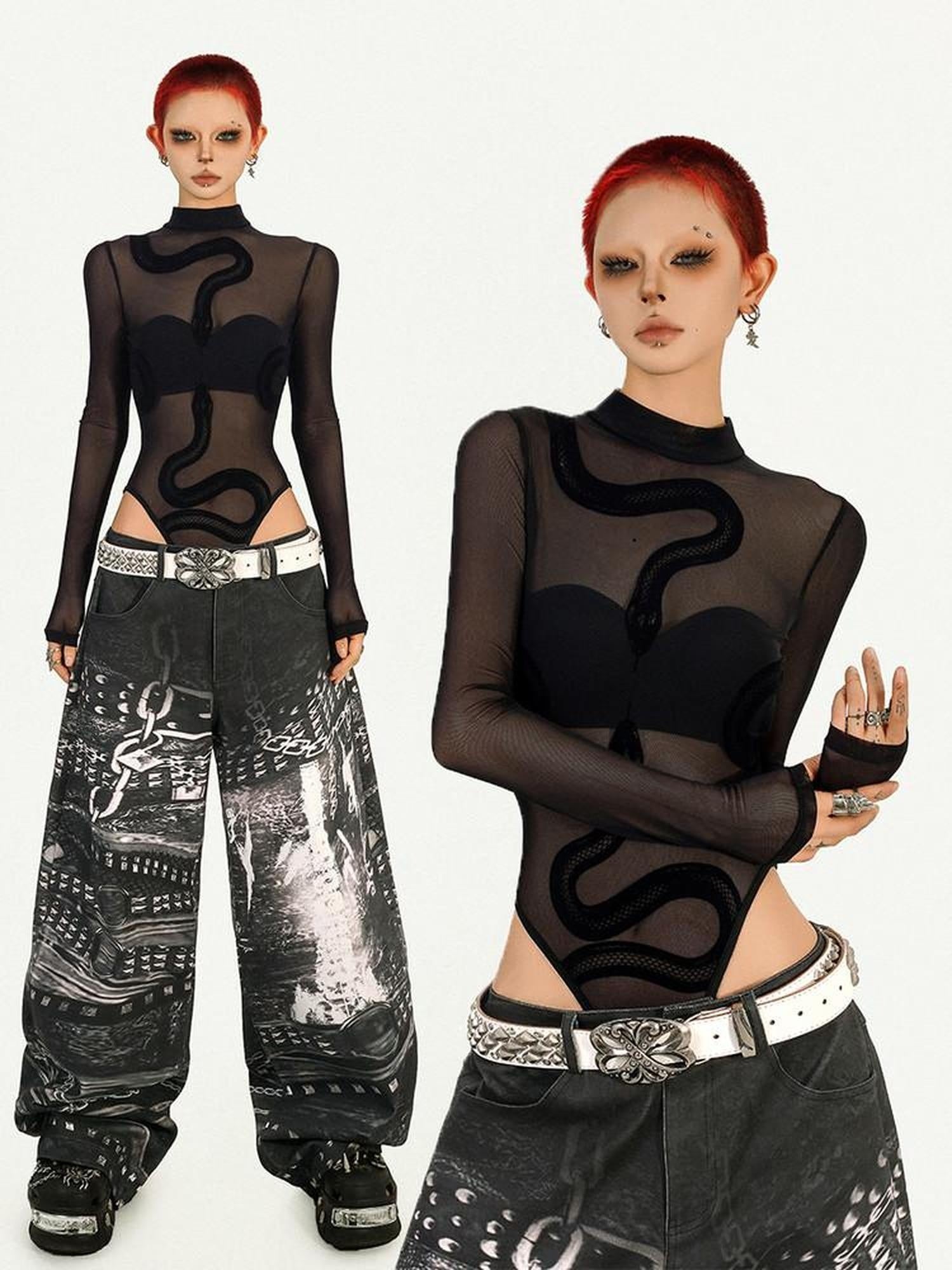Nico Molly Sheer Mesh Slim Low Waist Street Style Women Black Padded Long Sleeve T-Shirts