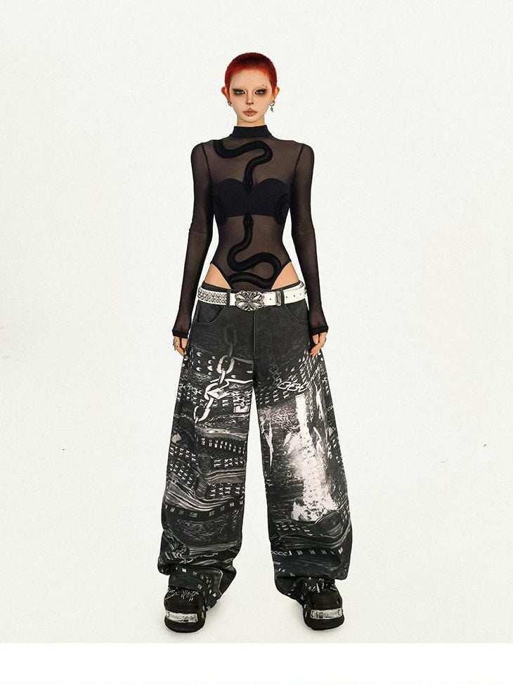 Nico Molly Sheer Mesh Slim Low Waist Street Style Women Black Padded Long Sleeve T-Shirts