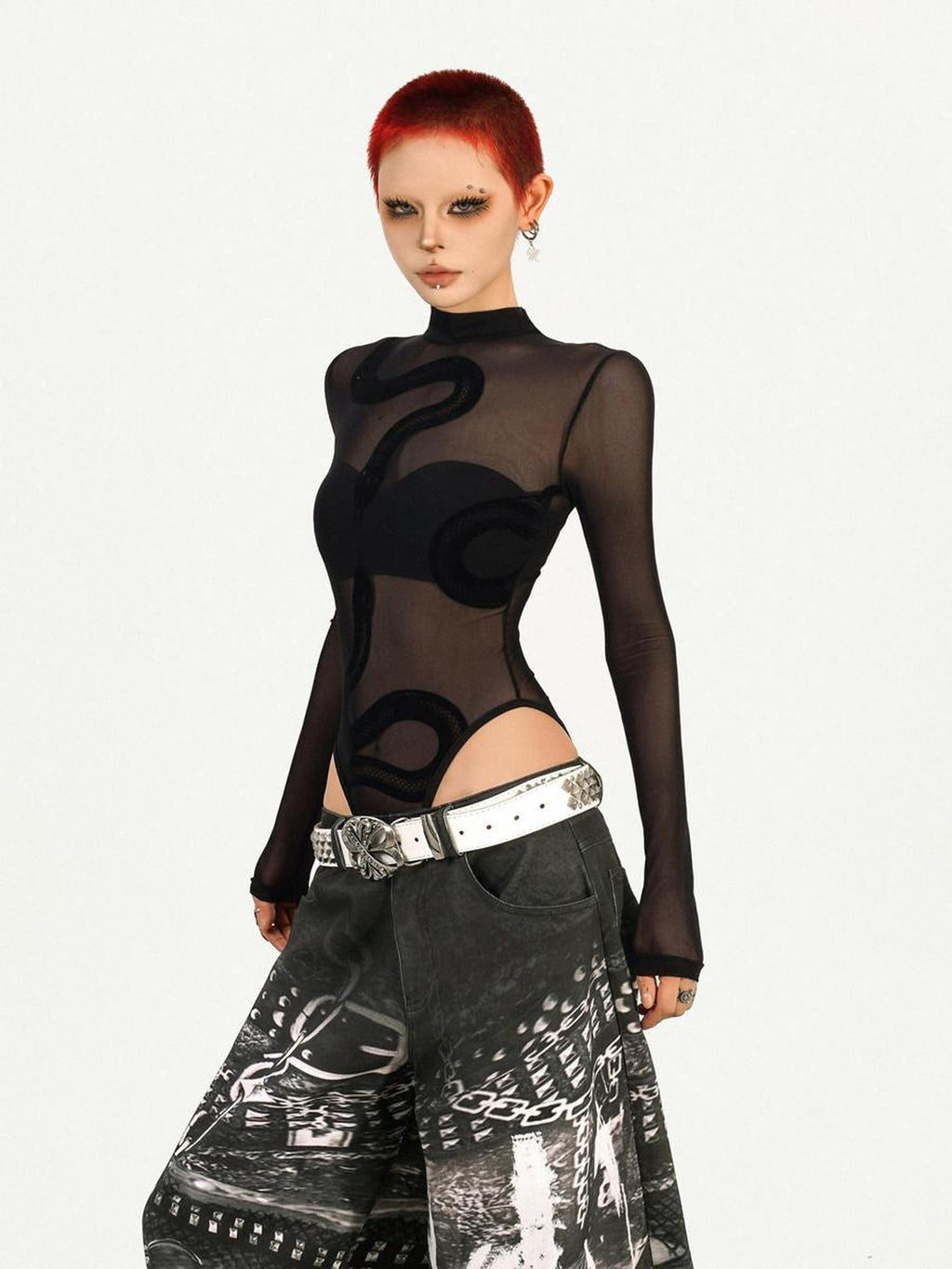 Nico Molly Sheer Mesh Slim Low Waist Street Style Women Black Padded Long Sleeve T-Shirts