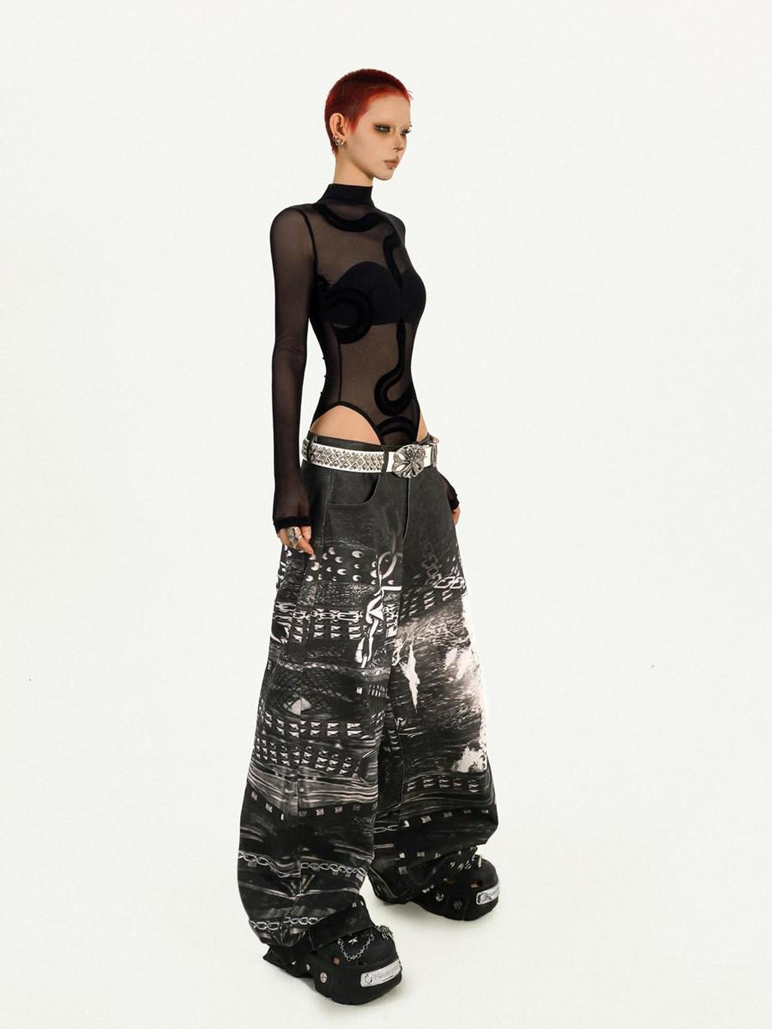Nico Molly Sheer Mesh Slim Low Waist Street Style Women Black Padded Long Sleeve T-Shirts