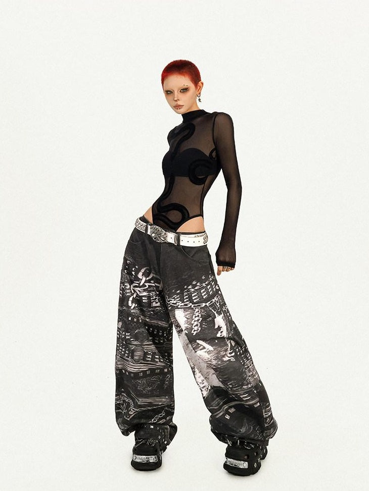 Nico Molly Sheer Mesh Slim Low Waist Street Style Women Black Padded Long Sleeve T-Shirts