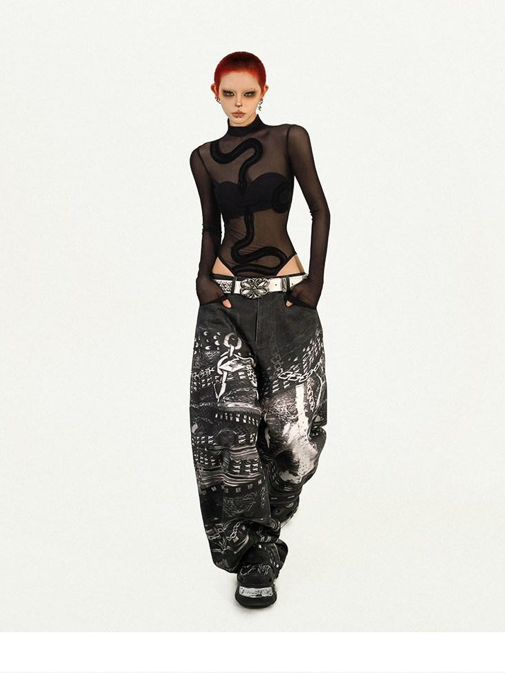 Nico Molly Sheer Mesh Slim Low Waist Street Style Women Black Padded Long Sleeve T-Shirts