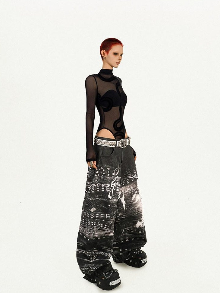 Nico Molly Sheer Mesh Slim Low Waist Street Style Women Black Padded Long Sleeve T-Shirts