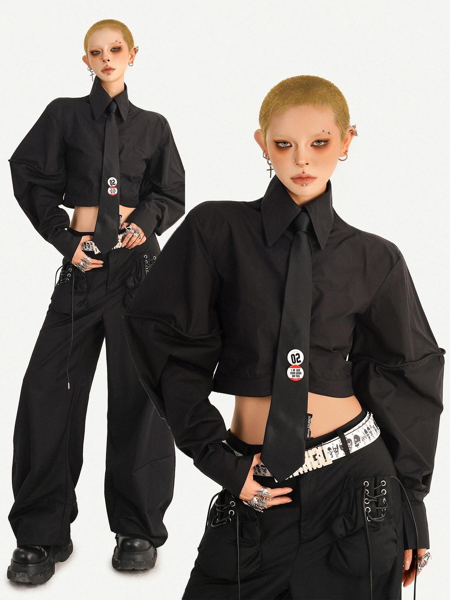 Nico Molly Skin Friendly Dark Goth Loose Tie Front Cropped Women Black Lapel Blouses