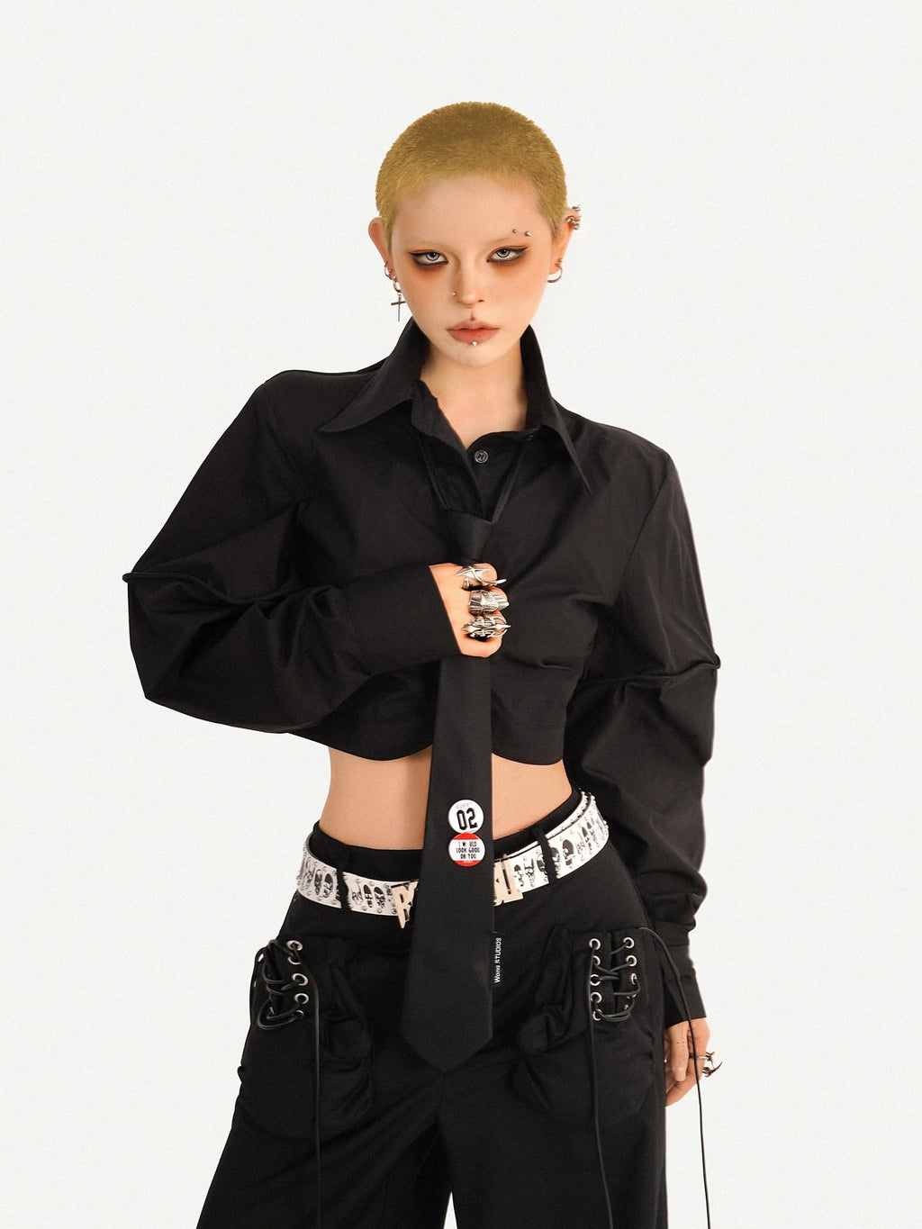 Nico Molly Skin Friendly Dark Goth Loose Tie Front Cropped Women Black Lapel Blouses