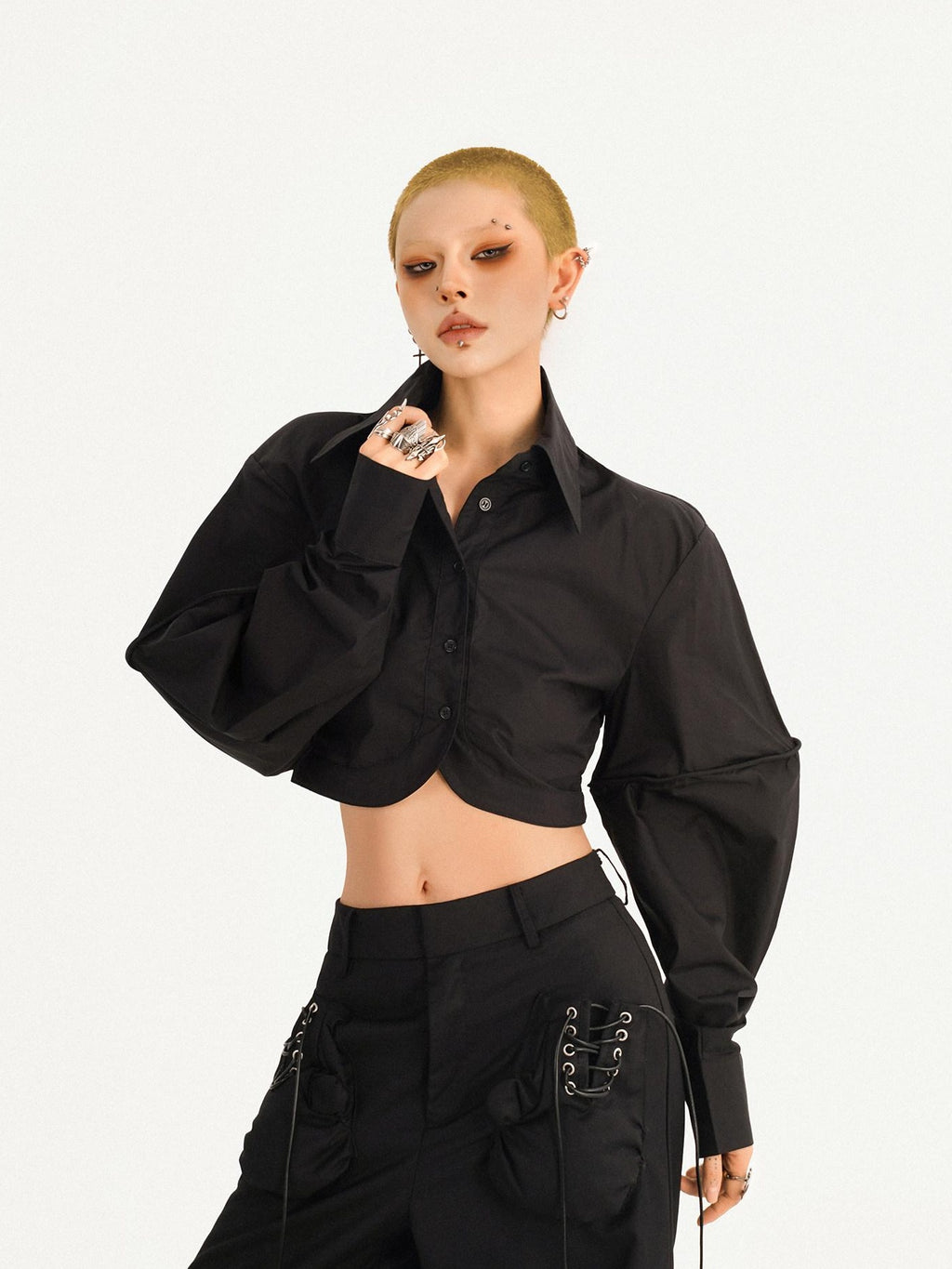 Nico Molly Skin Friendly Dark Goth Loose Tie Front Cropped Women Black Lapel Blouses