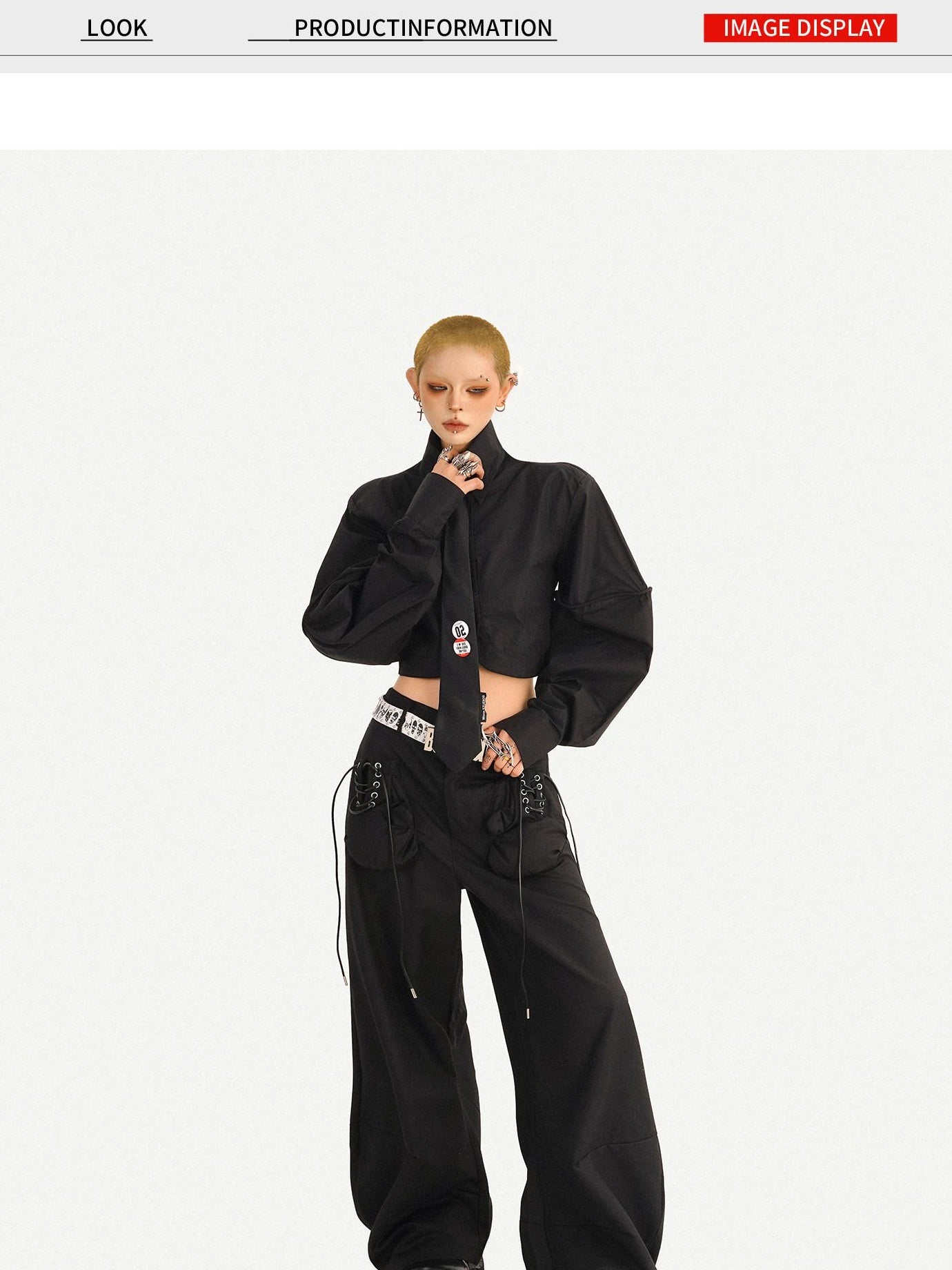 Nico Molly Skin Friendly Dark Goth Loose Tie Front Cropped Women Black Lapel Blouses