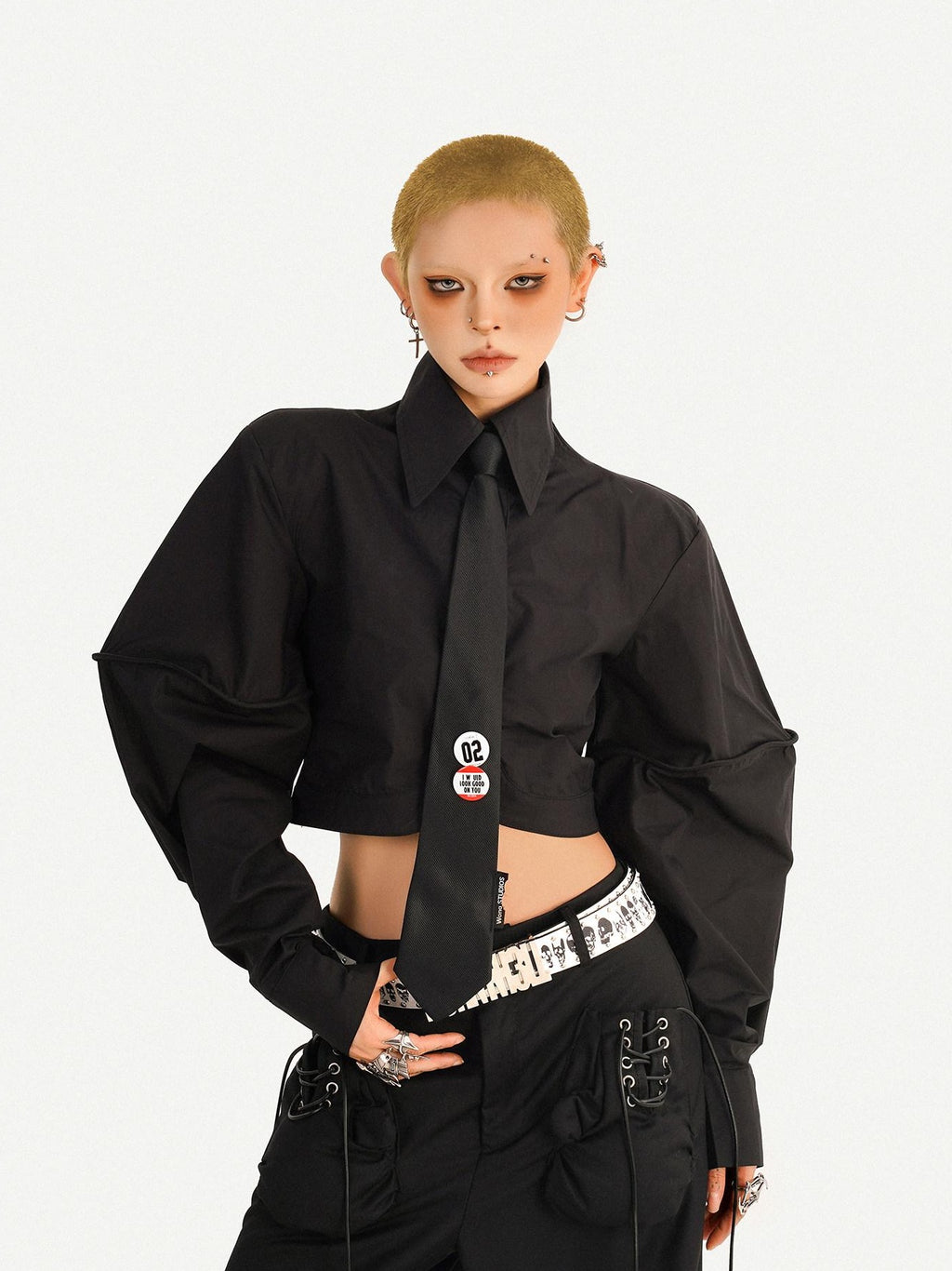 Nico Molly Skin Friendly Dark Goth Loose Tie Front Cropped Women Black Lapel Blouses