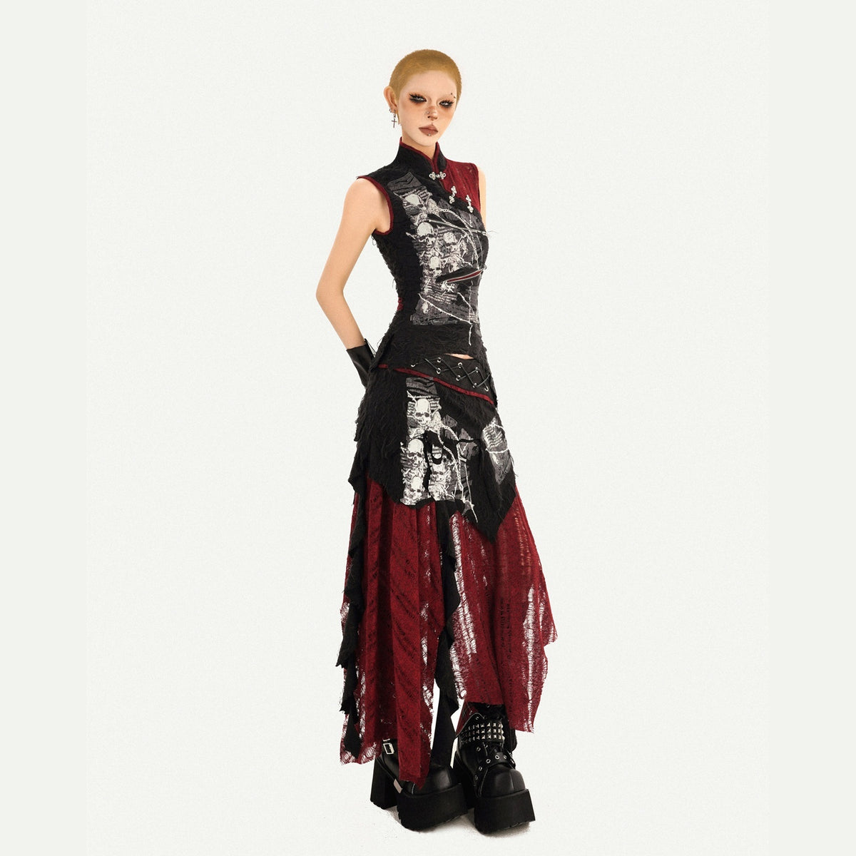 Nico_Molly_Sleeveless_Stand_Collar_Shirt_High_Waist_Midi_Black_Women_Top_&_Skirt_Sets_MISSTT