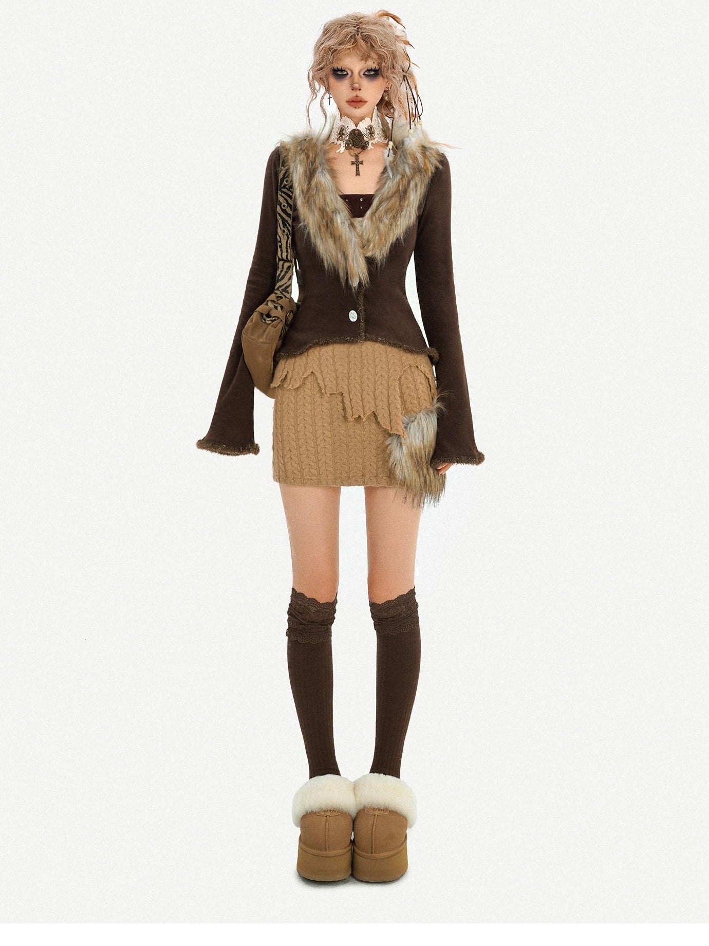 Nico Molly Slim Cinched Retro Knit Crop Long Sleeve Buttoned Brown Student Cardigans