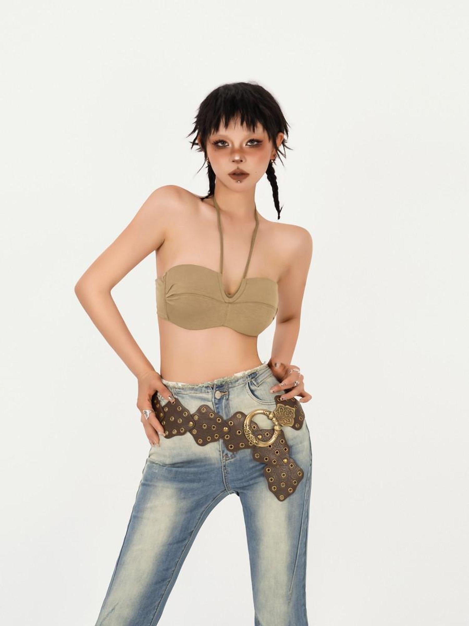 Nico Molly Slim Fit Street Style Short Crop Youth Khaki Black Beige Tube Tops