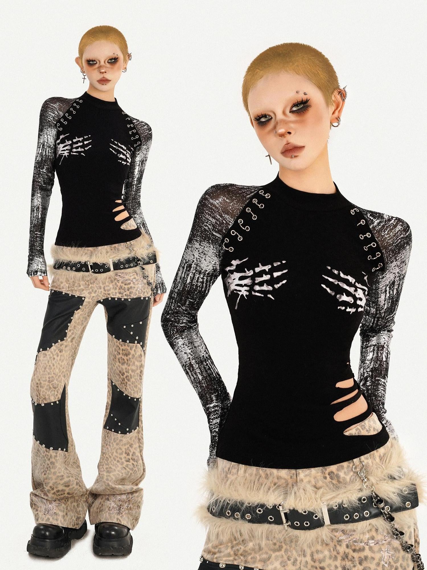Nico Molly Slim Punk Street Skull Print Layered Pullover Black Womens Long Sleeve T-Shirts