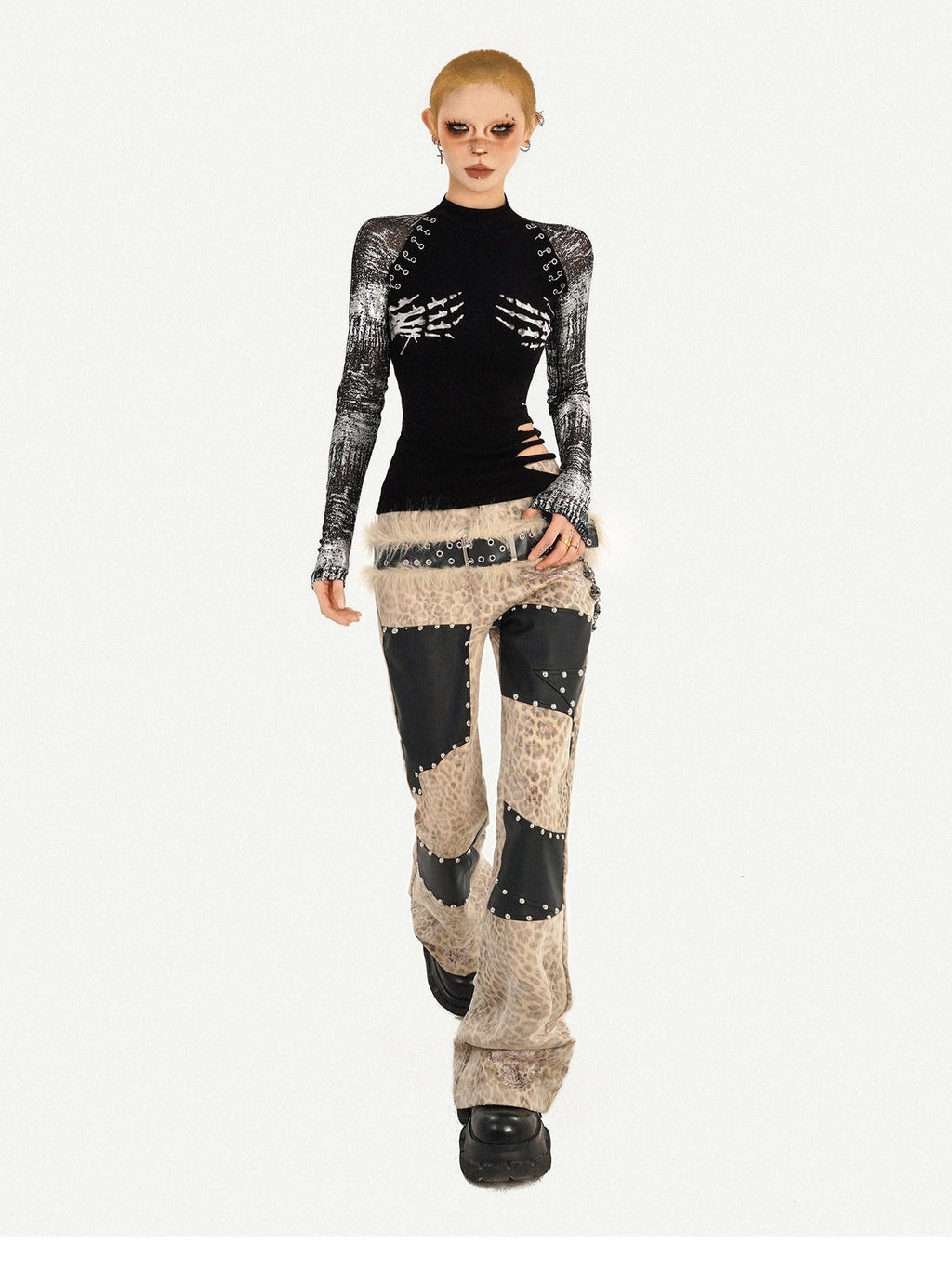 Nico Molly Slim Punk Street Skull Print Layered Pullover Black Womens Long Sleeve T-Shirts