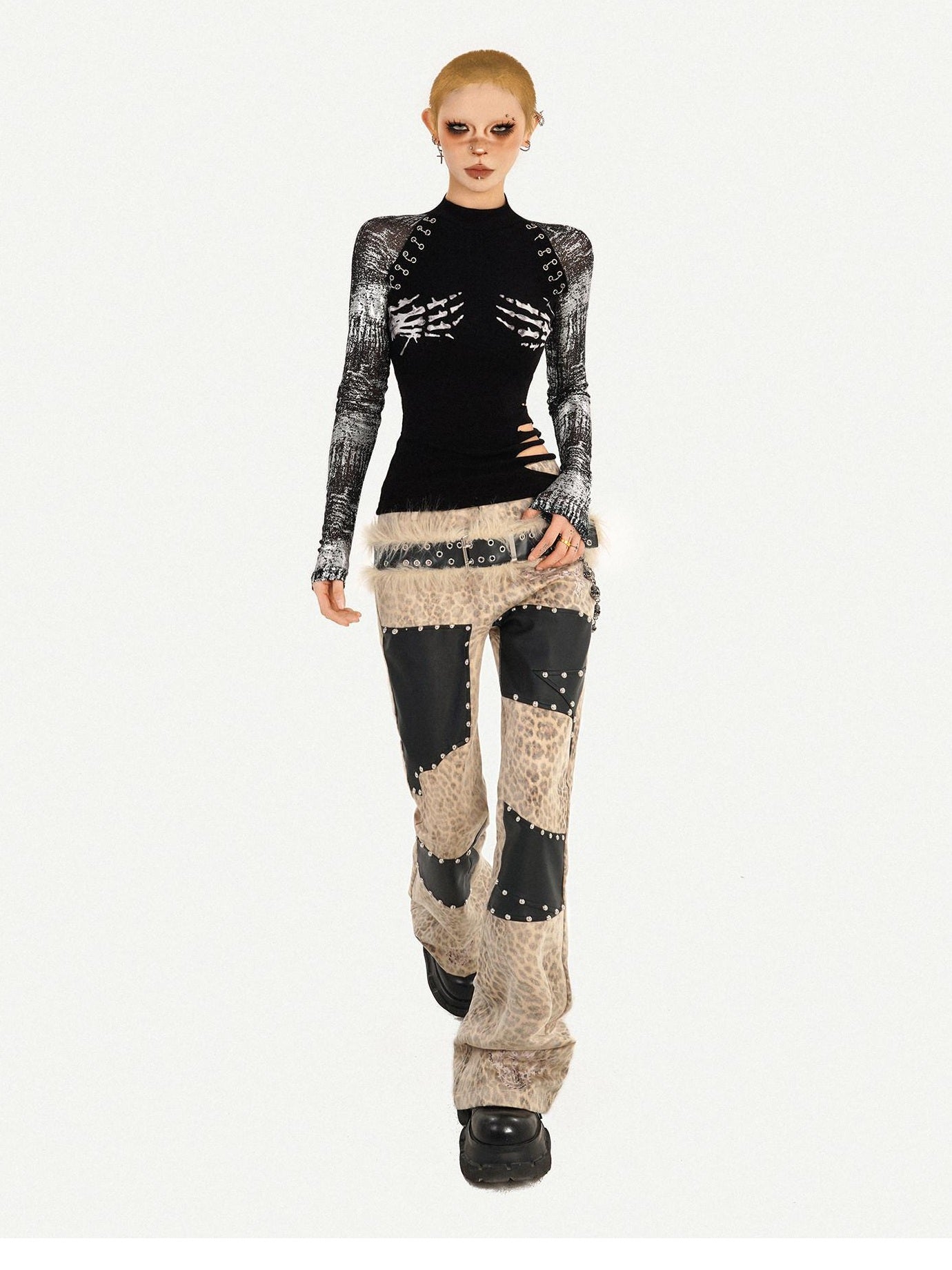 Nico Molly Slim Punk Street Skull Print Layered Pullover Black Womens Long Sleeve T-Shirts