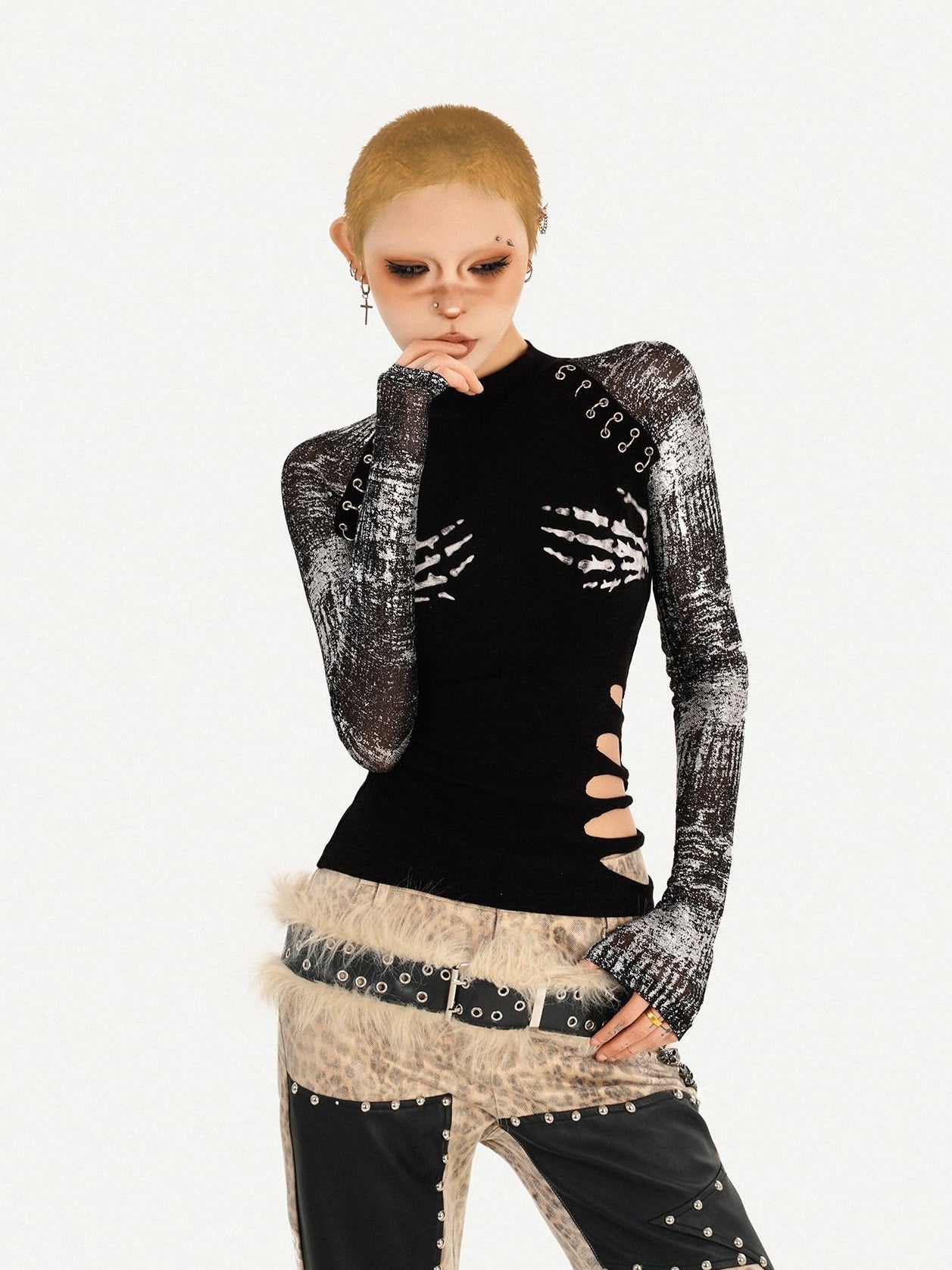 Nico Molly Slim Punk Street Skull Print Layered Pullover Black Womens Long Sleeve T-Shirts