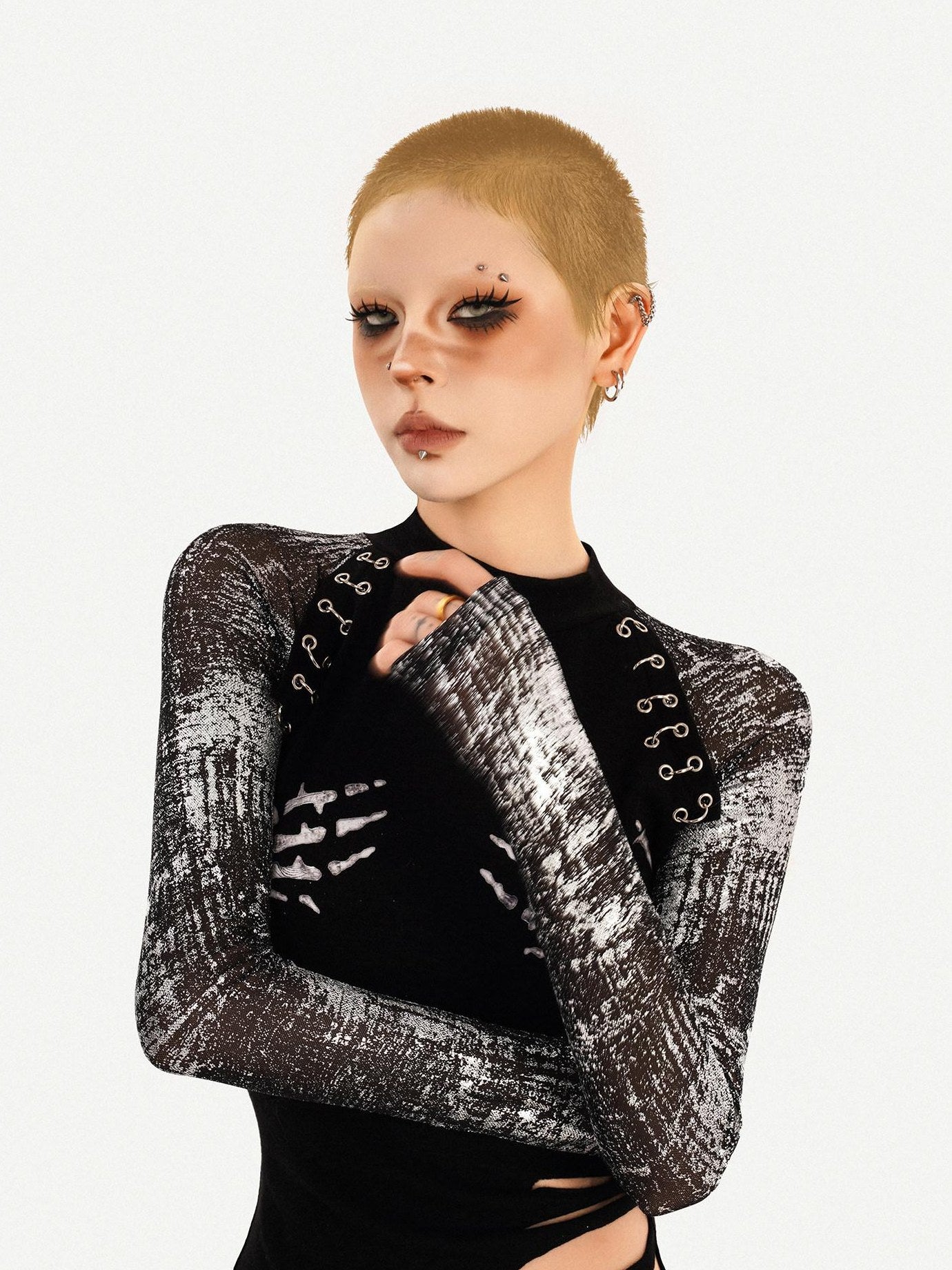 Nico Molly Slim Punk Street Skull Print Layered Pullover Black Womens Long Sleeve T-Shirts