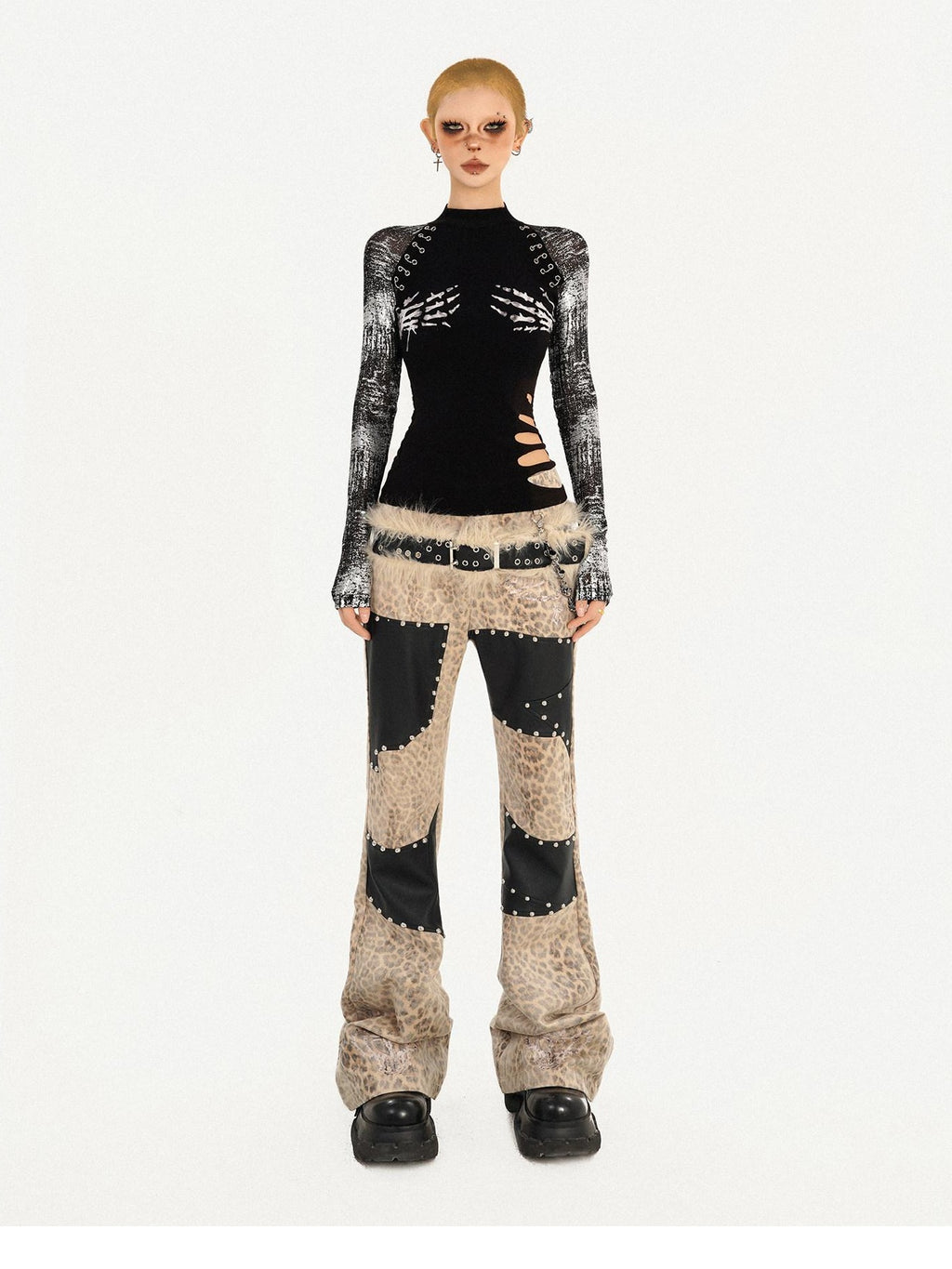 Nico Molly Slim Punk Street Skull Print Layered Pullover Black Womens Long Sleeve T-Shirts