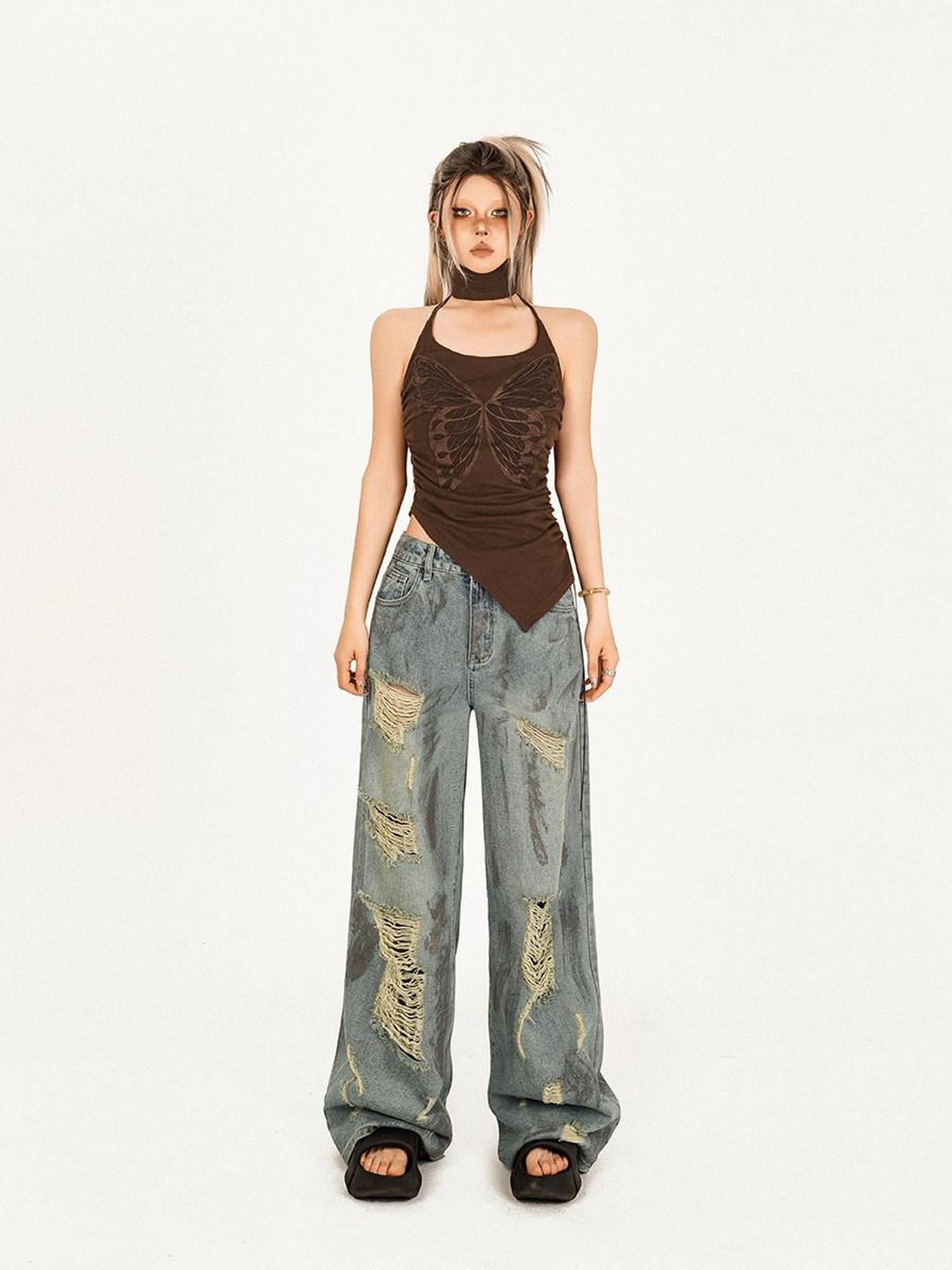 Nico Molly Slim Street Butterfly Vintage Animal Print Brown Cotton Women Camisoles