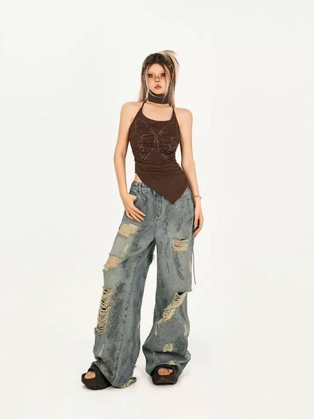 Nico Molly Slim Street Butterfly Vintage Animal Print Brown Cotton Women Camisoles