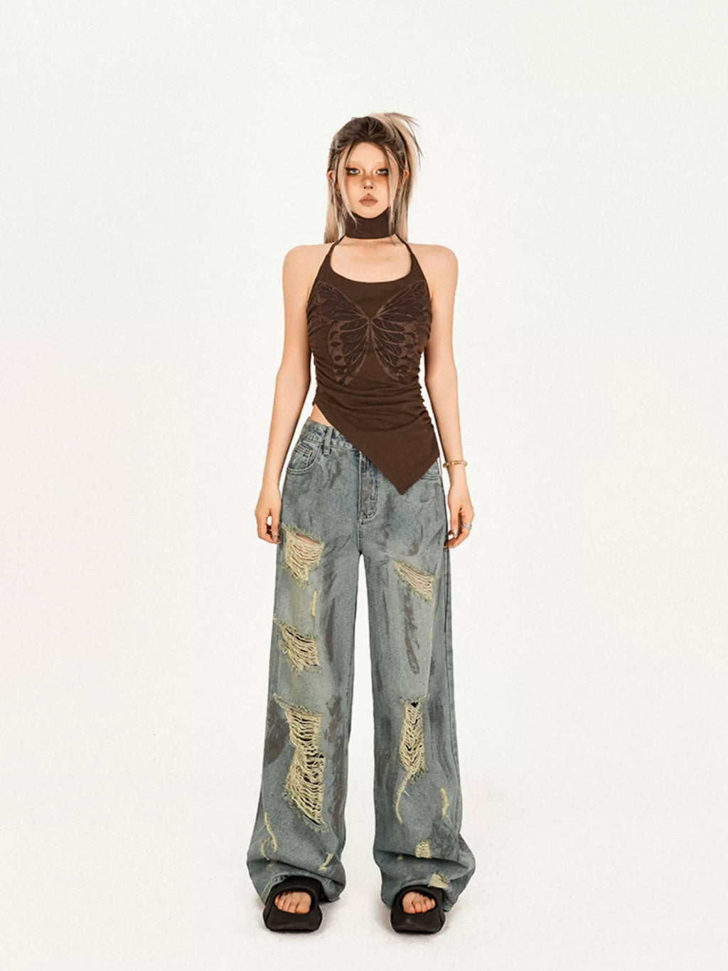 Nico Molly Slim Street Butterfly Vintage Animal Print Brown Cotton Women Camisoles