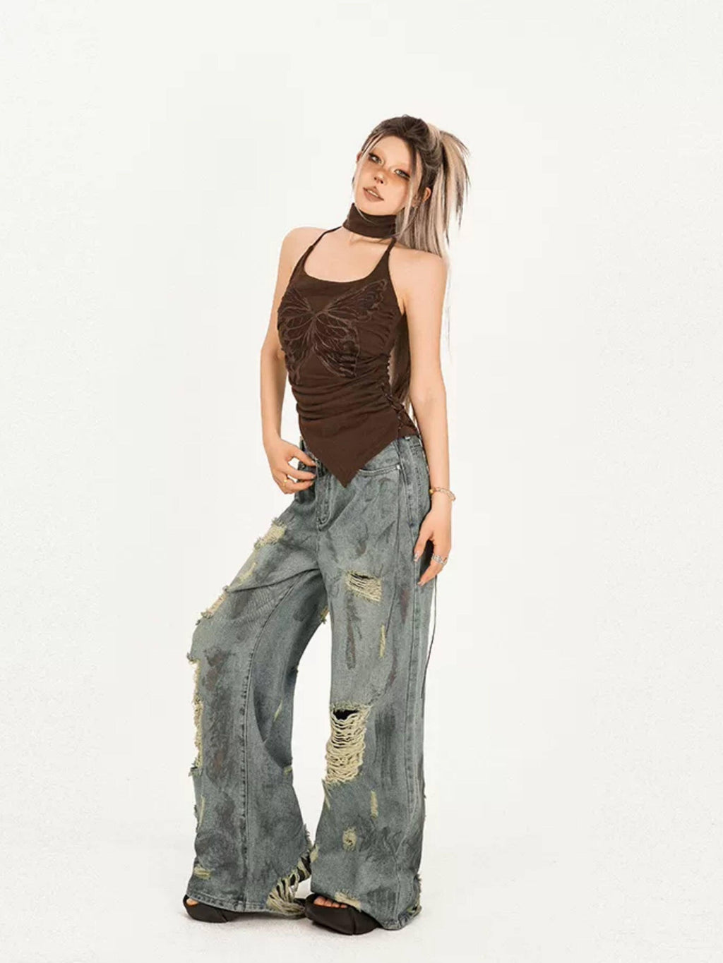 Nico Molly Slim Street Butterfly Vintage Animal Print Brown Cotton Women Camisoles
