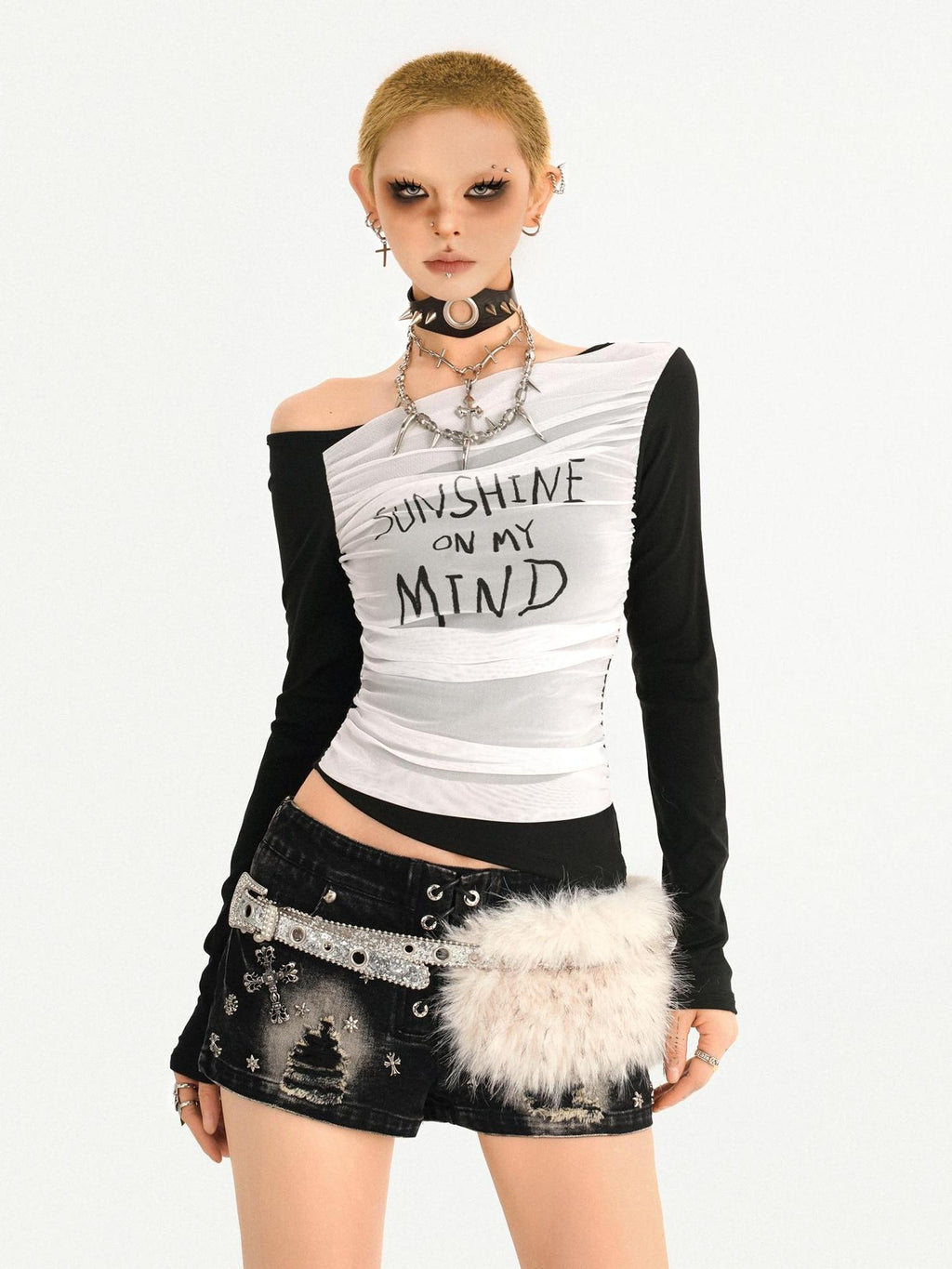 Nico Molly Slim Street Punk Lettered Slanted Neck Women Black White Long Sleeve T-Shirts