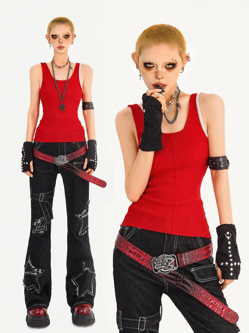 Nico Molly Slim U Neck Red Strap Trim One Size Womens Casual Essential Tank Tops