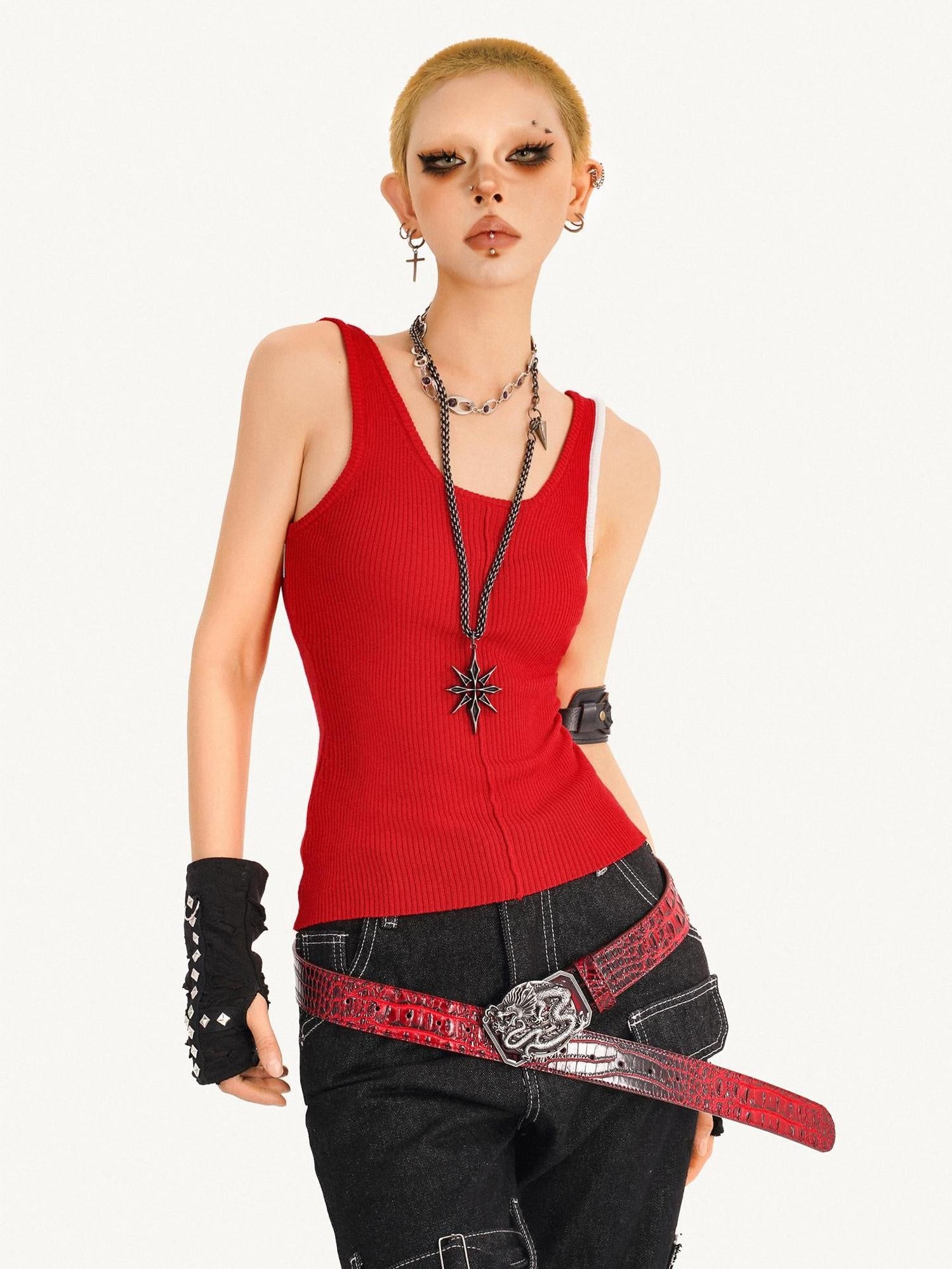 Nico Molly Slim U Neck Red Strap Trim One Size Womens Casual Essential Tank Tops