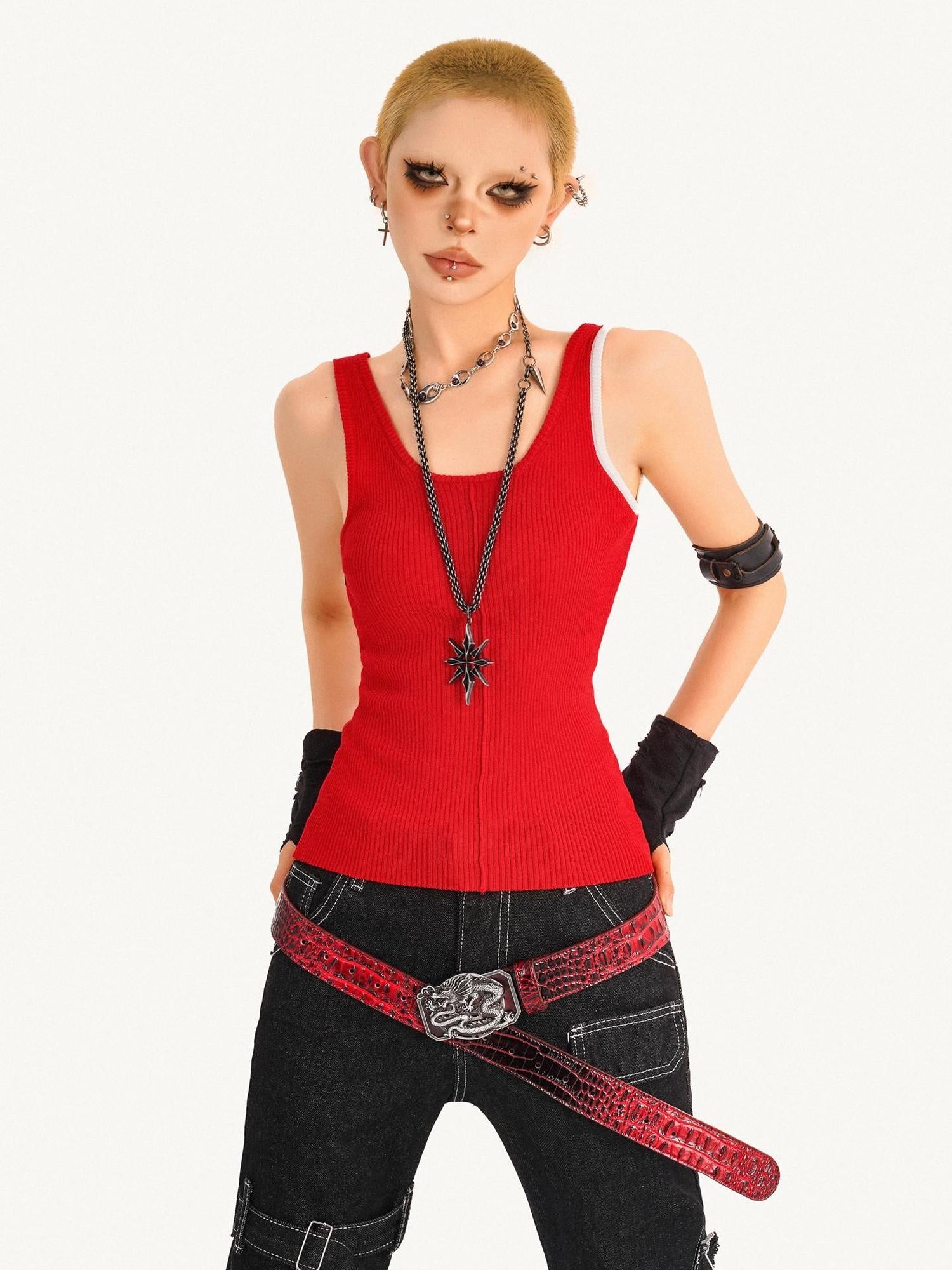 Nico Molly Slim U Neck Red Strap Trim One Size Womens Casual Essential Tank Tops