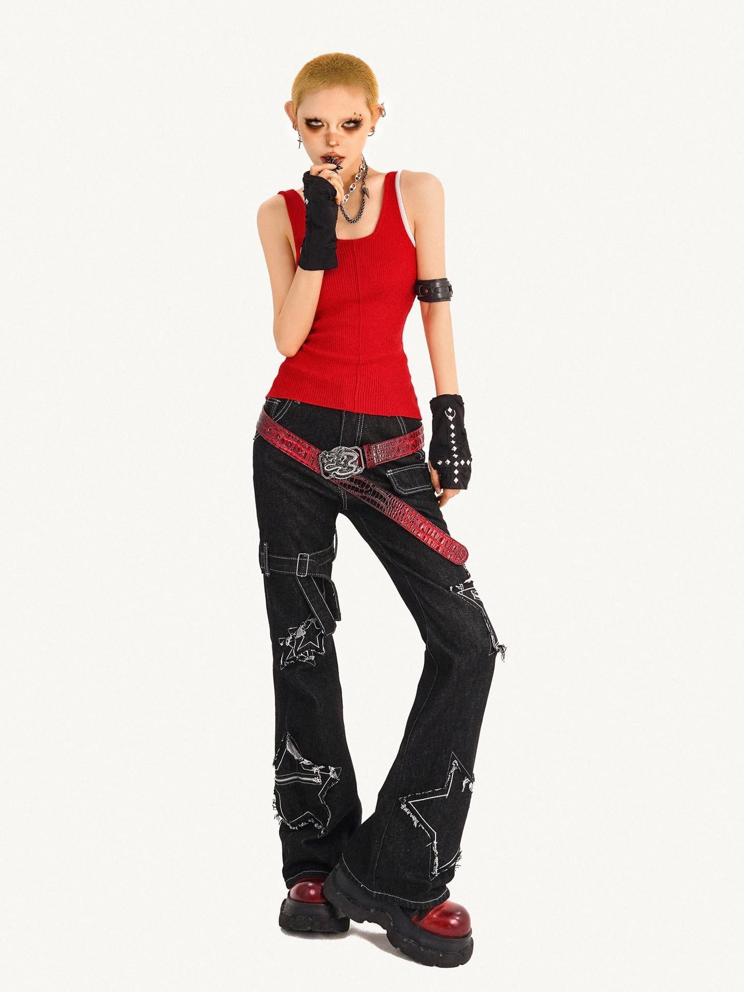 Nico Molly Slim U Neck Red Strap Trim One Size Womens Casual Essential Tank Tops