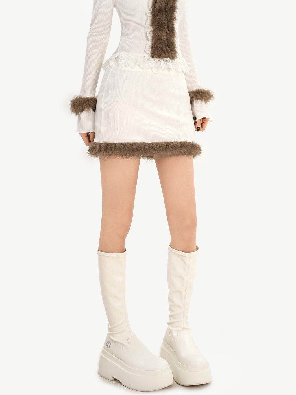 Nico Molly Slim V-neck Knit Long Sleeve Cropped Two Piece High Waist White Top & Skirt Sets