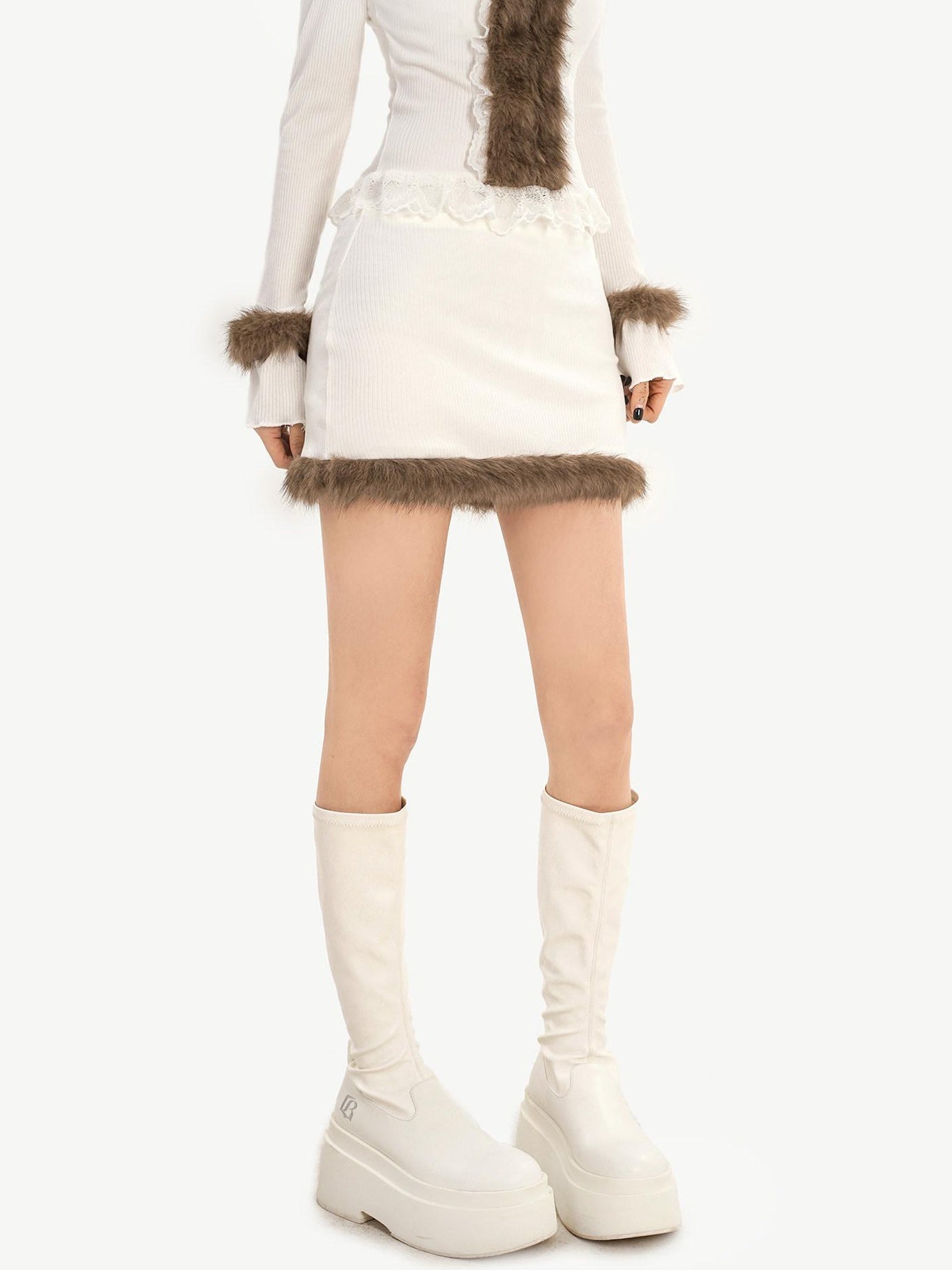 Nico Molly Slim V-neck Knit Long Sleeve Cropped Two Piece High Waist White Top & Skirt Sets