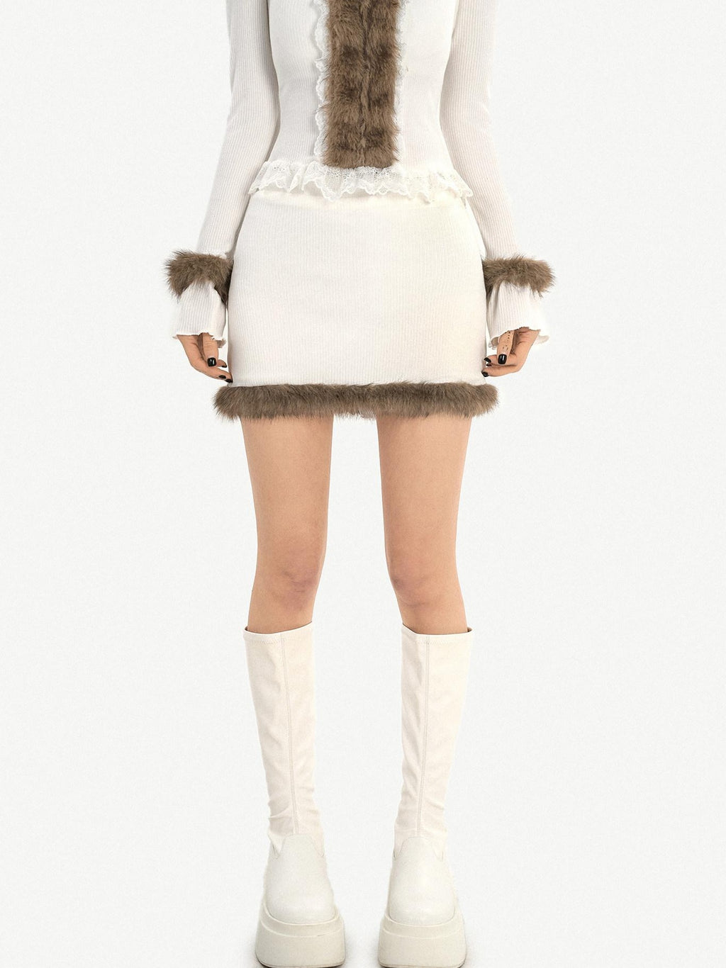 Nico Molly Slim V-neck Knit Long Sleeve Cropped Two Piece High Waist White Top & Skirt Sets