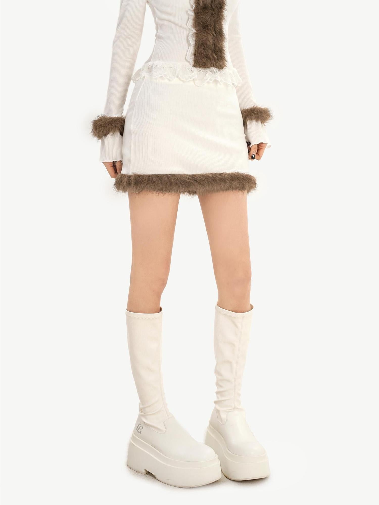 Nico Molly Slim V-neck Knit Long Sleeve Cropped Two Piece High Waist White Top & Skirt Sets