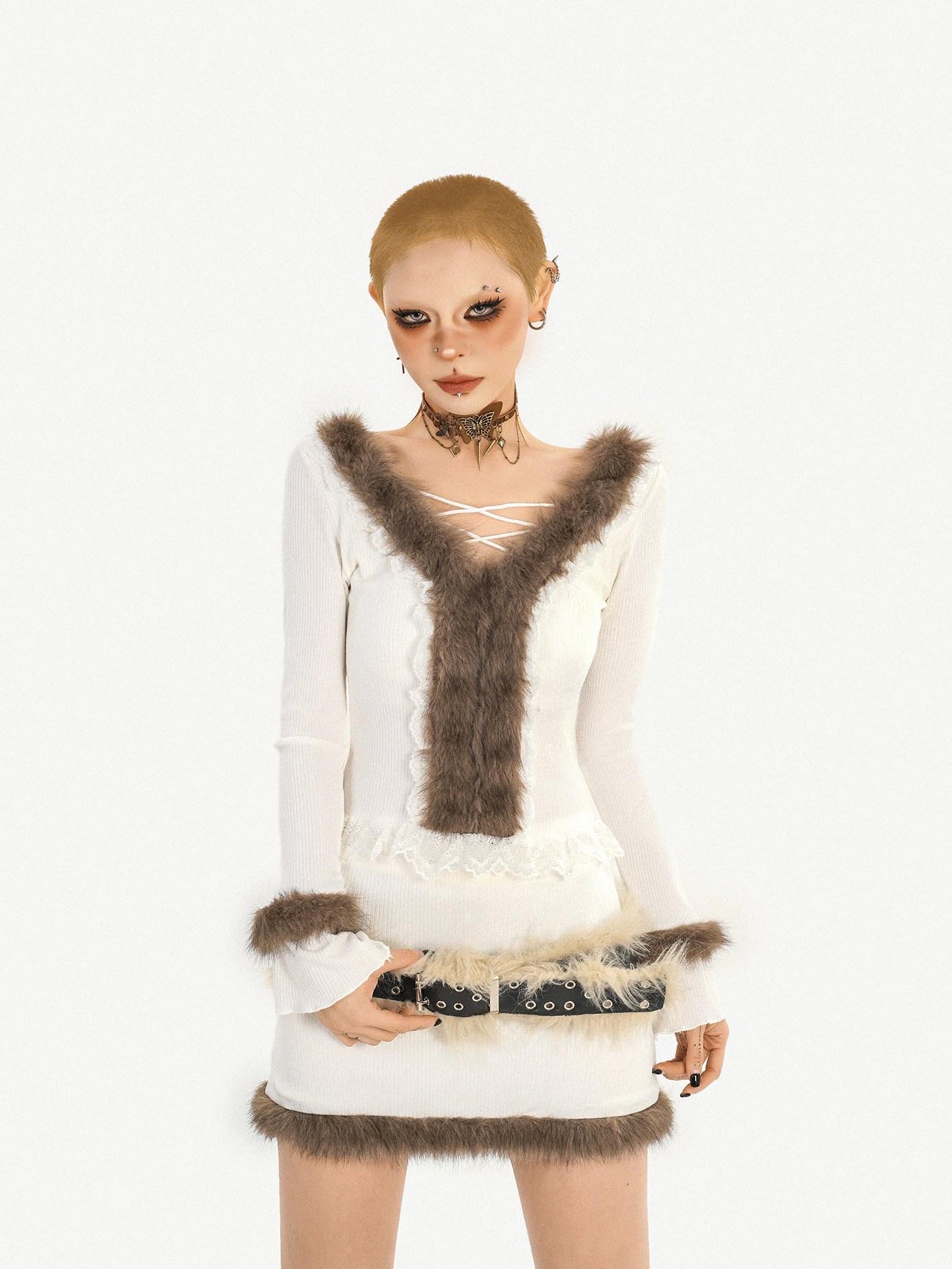 Nico Molly Slim V-neck Knit Long Sleeve Cropped Two Piece High Waist White Top & Skirt Sets