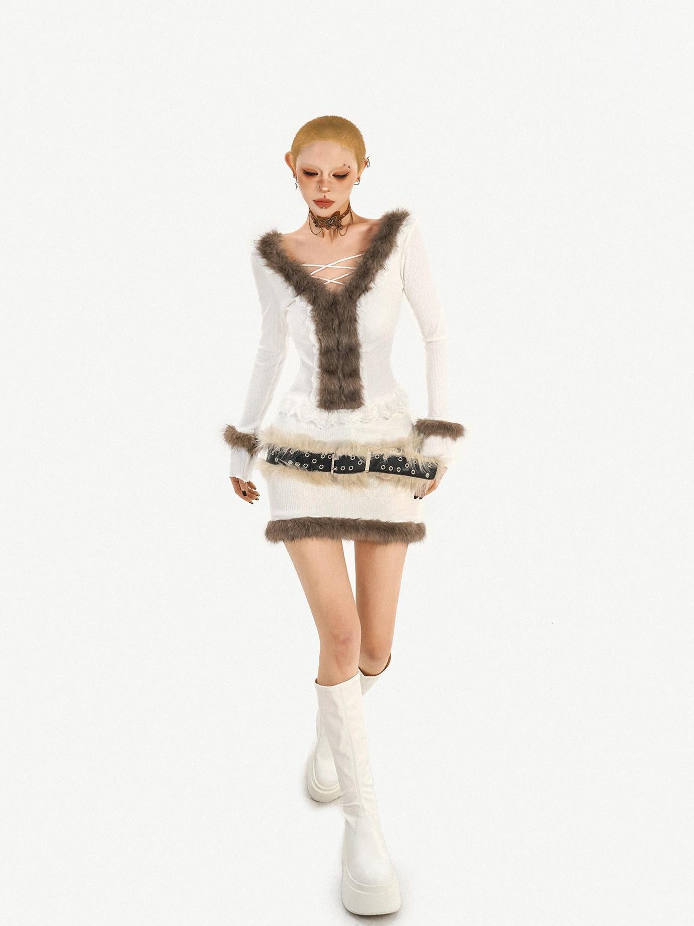 Nico Molly Slim V-neck Knit Long Sleeve Cropped Two Piece High Waist White Top & Skirt Sets