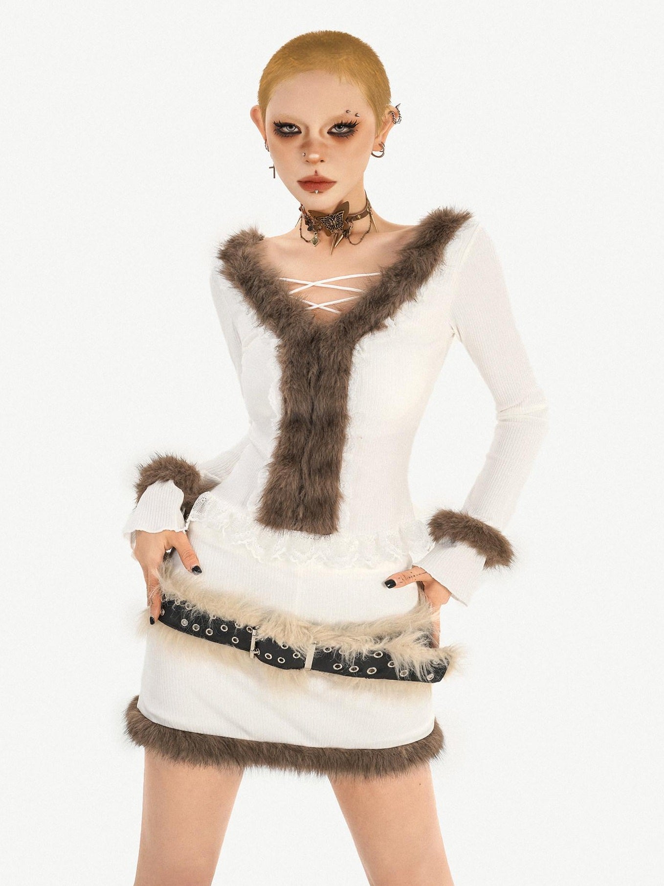 Nico Molly Slim V-neck Knit Long Sleeve Cropped Two Piece High Waist White Top & Skirt Sets