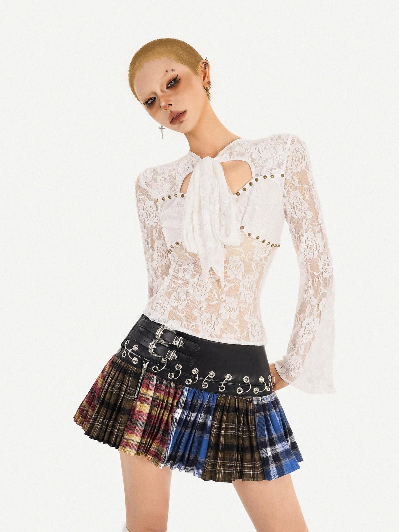 Nico Molly Slimming Lace Tie Euro Chic Slim Fit Bell Sleeve Round Neck Women Blouses