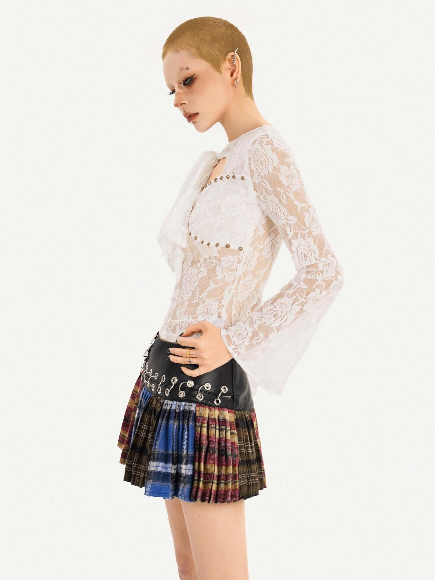 Nico Molly Slimming Lace Tie Euro Chic Slim Fit Bell Sleeve Round Neck Women Blouses