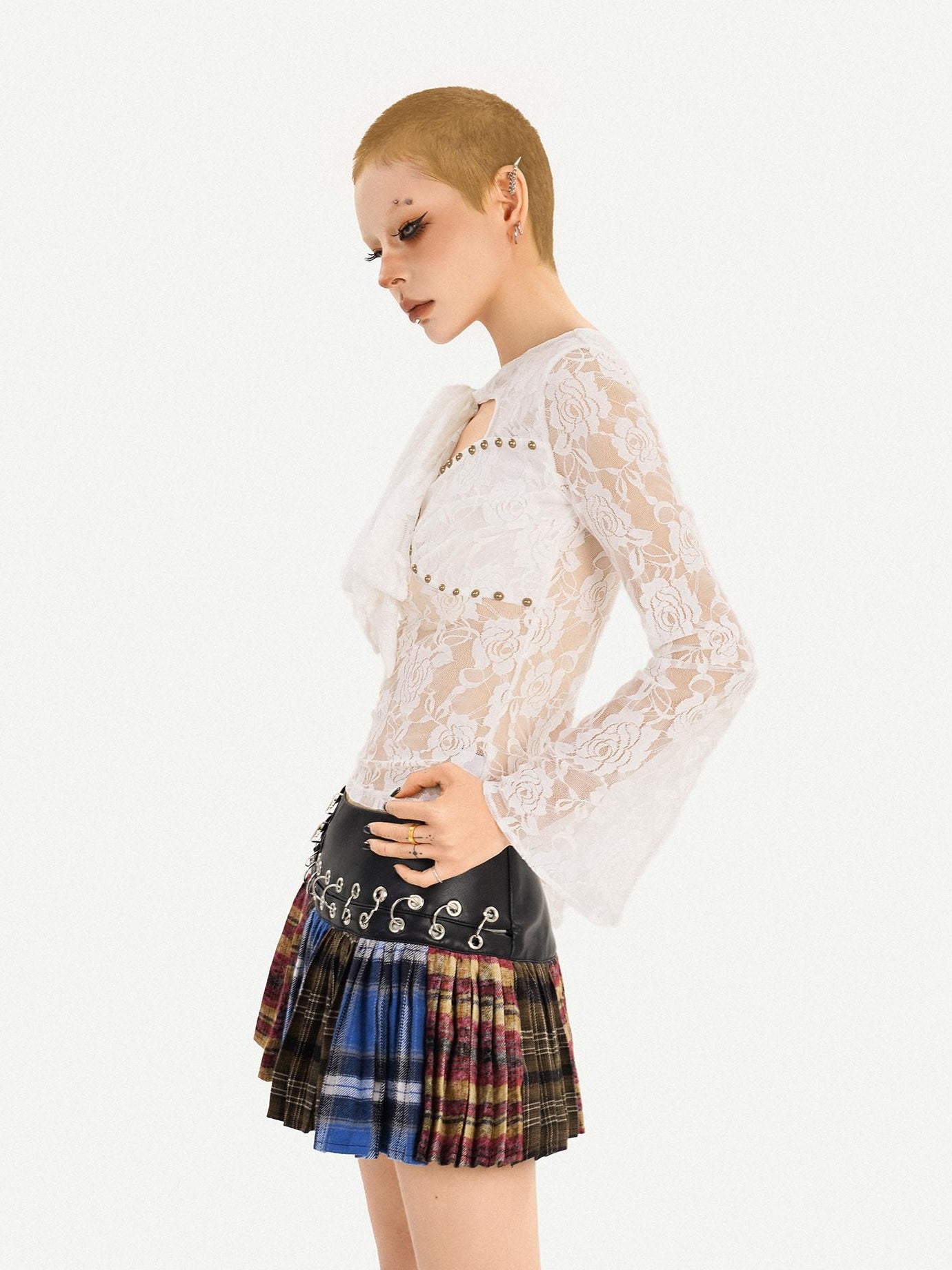 Nico Molly Slimming Lace Tie Euro Chic Slim Fit Bell Sleeve Round Neck Women Blouses