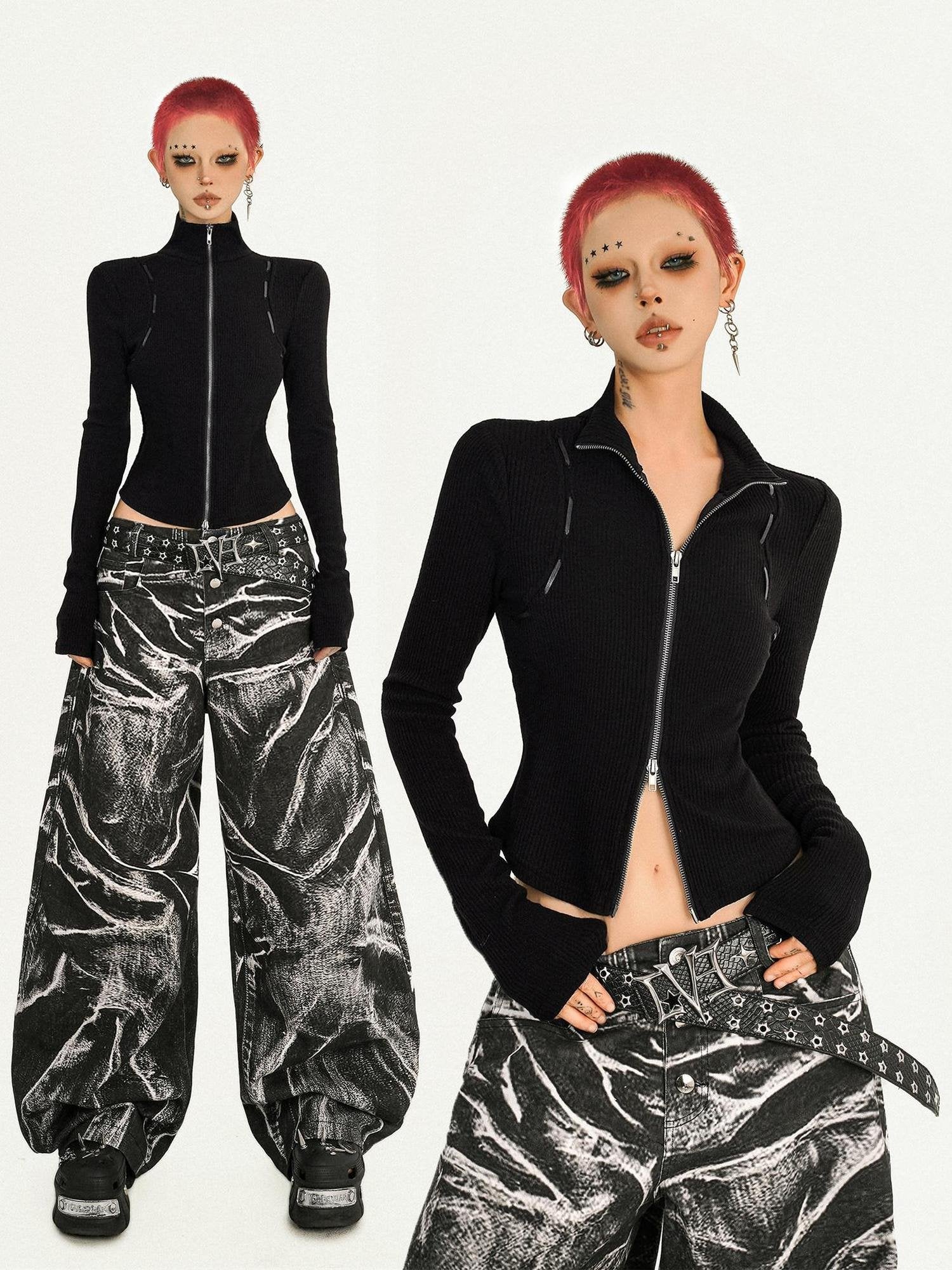 Nico Molly Slimming Punk Slim Fit Cropped Zip Front Long Sleeve Black Women Knit Cardigans