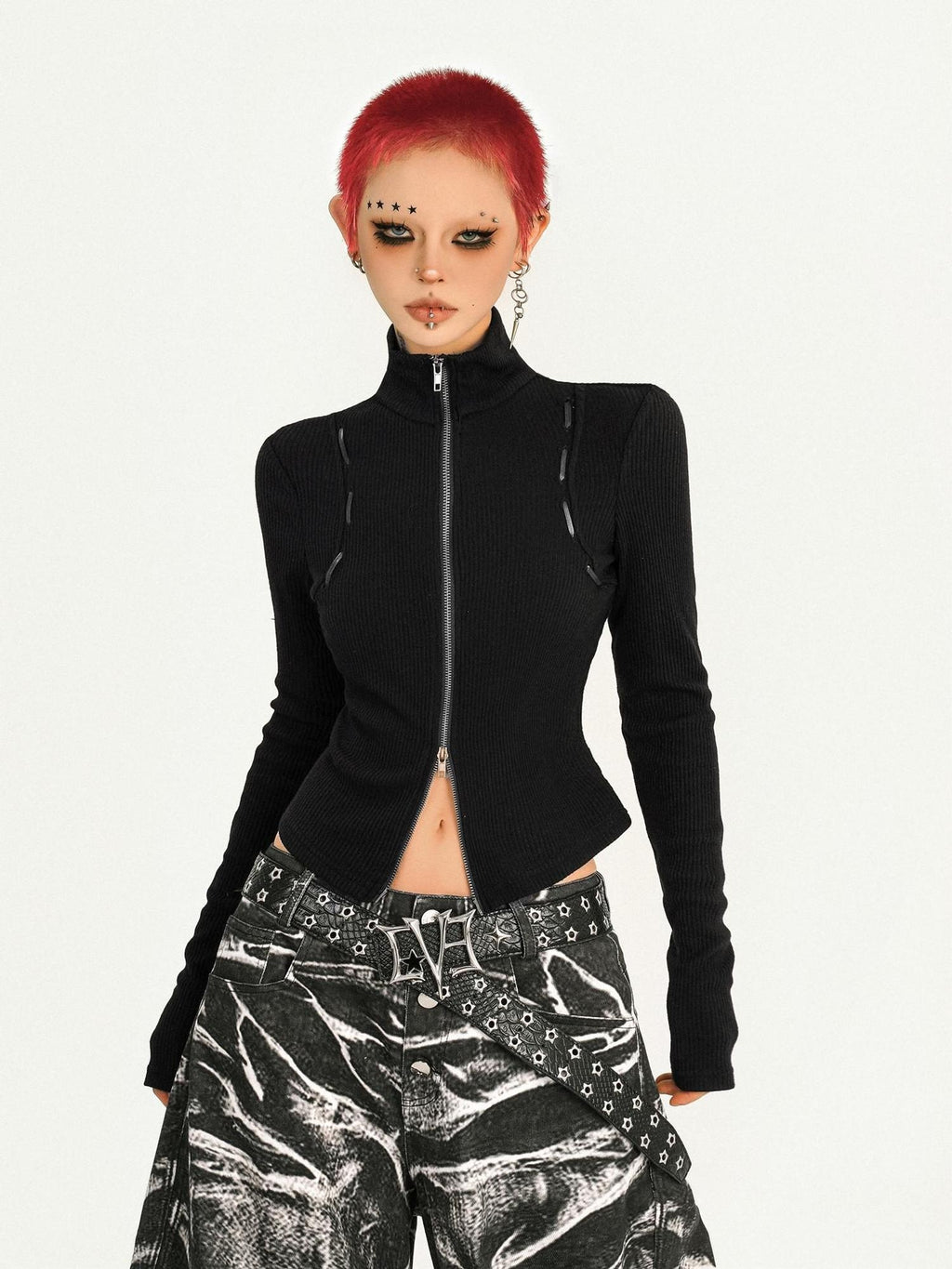 Nico Molly Slimming Punk Slim Fit Cropped Zip Front Long Sleeve Black Women Knit Cardigans