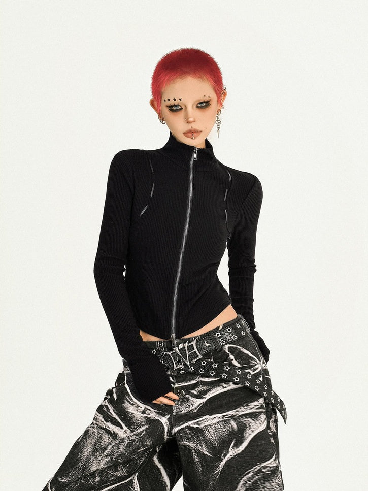 Nico Molly Slimming Punk Slim Fit Cropped Zip Front Long Sleeve Black Women Knit Cardigans