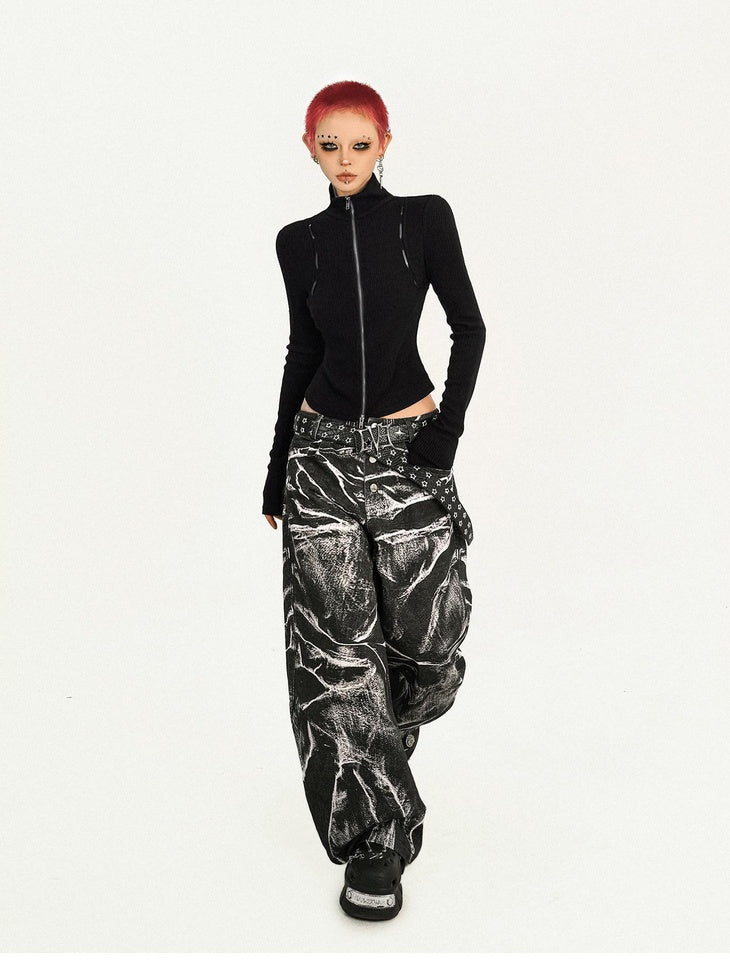 Nico Molly Slimming Punk Slim Fit Cropped Zip Front Long Sleeve Black Women Knit Cardigans